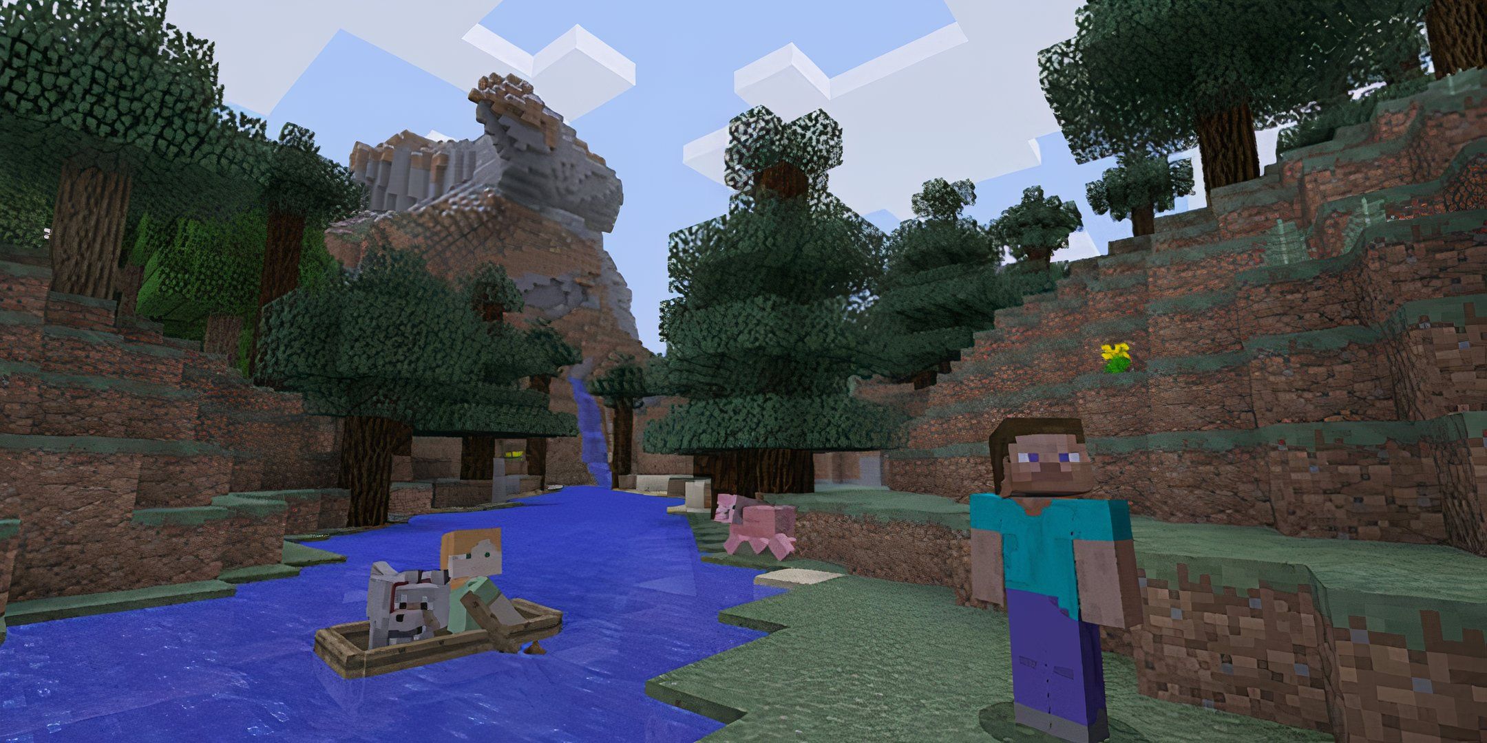 Steve standing next to a river in a forest in Minecraft.