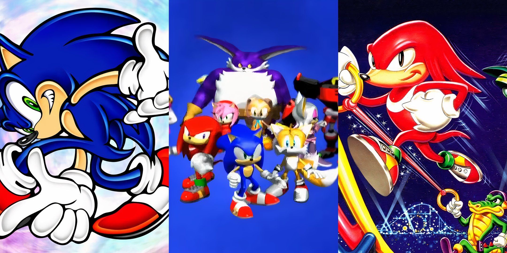 Box art to Sonic Adventure and Knuckles Chaotix, plus Sonic and the gang from the intro to Sonic Heroes.