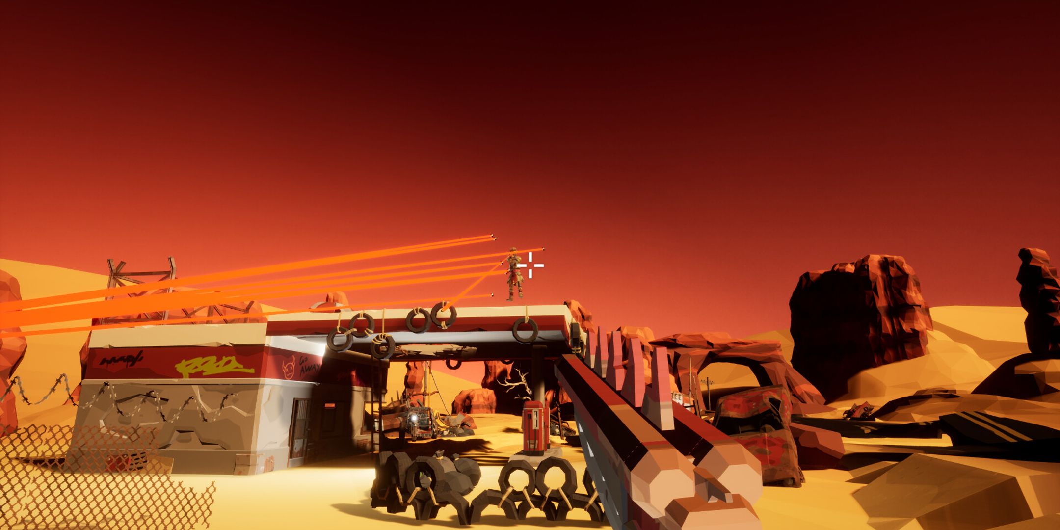 Broken Time player firing a shotgun at an enemy on top of a gas station.