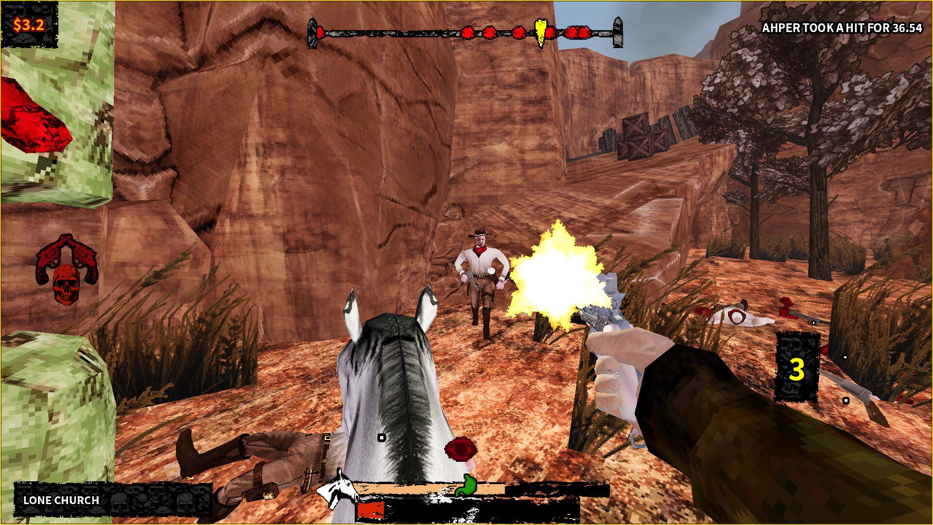 Chamber screenshot of the player on horseback firing a revolver at an enemy.