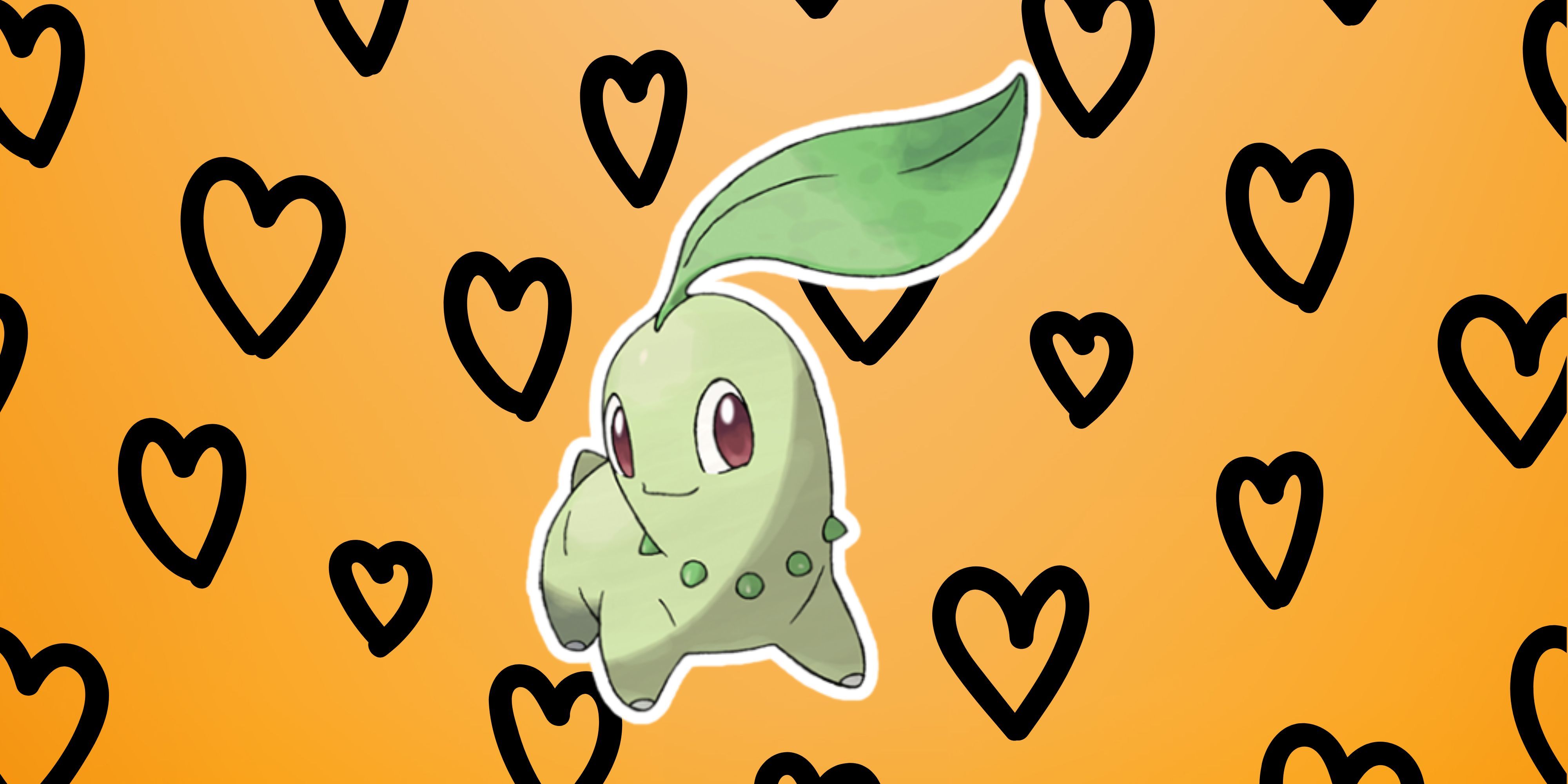 Chikorita on an orange background with hearts around it