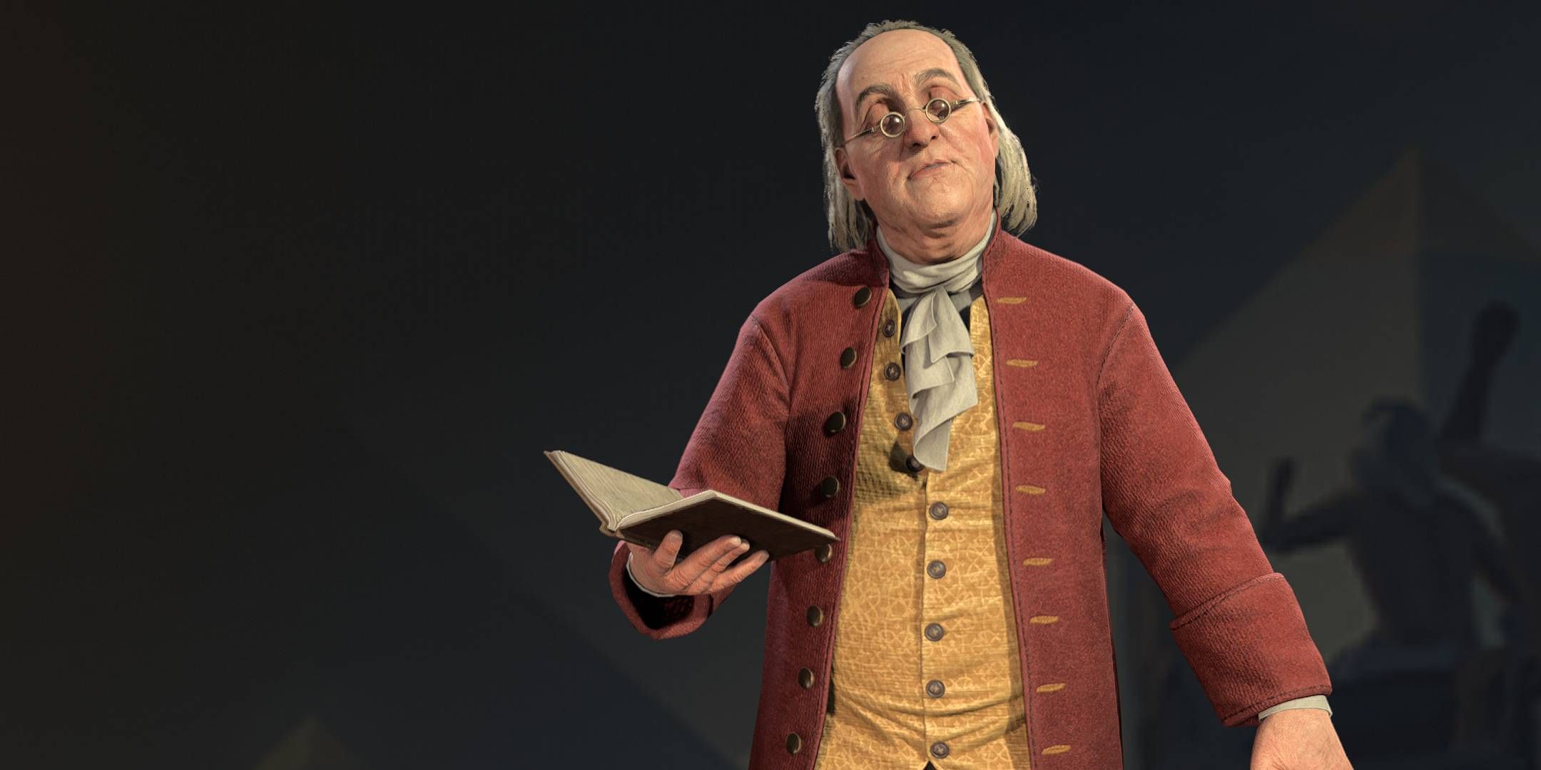 Benjamin Franklin holding a book in Civilization 7.