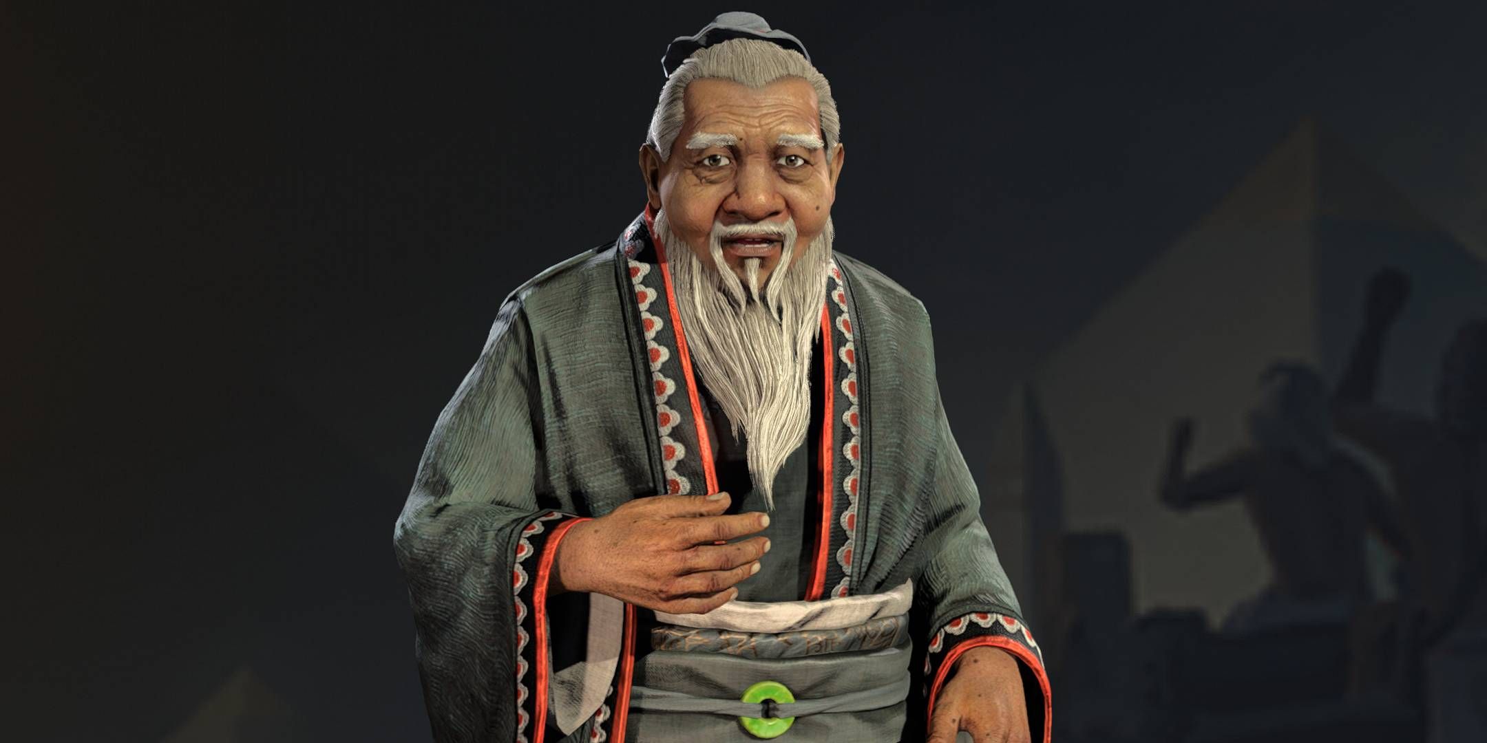 Confucius posing in his reveal video for Civilization 7.