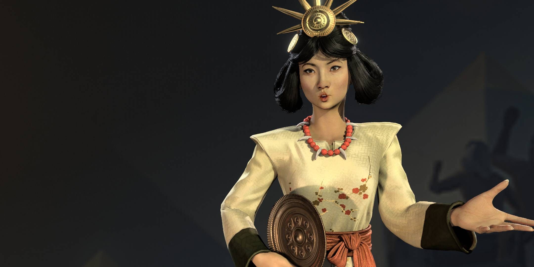 Himiko Of Wa holding her arm out in Civilization 7.