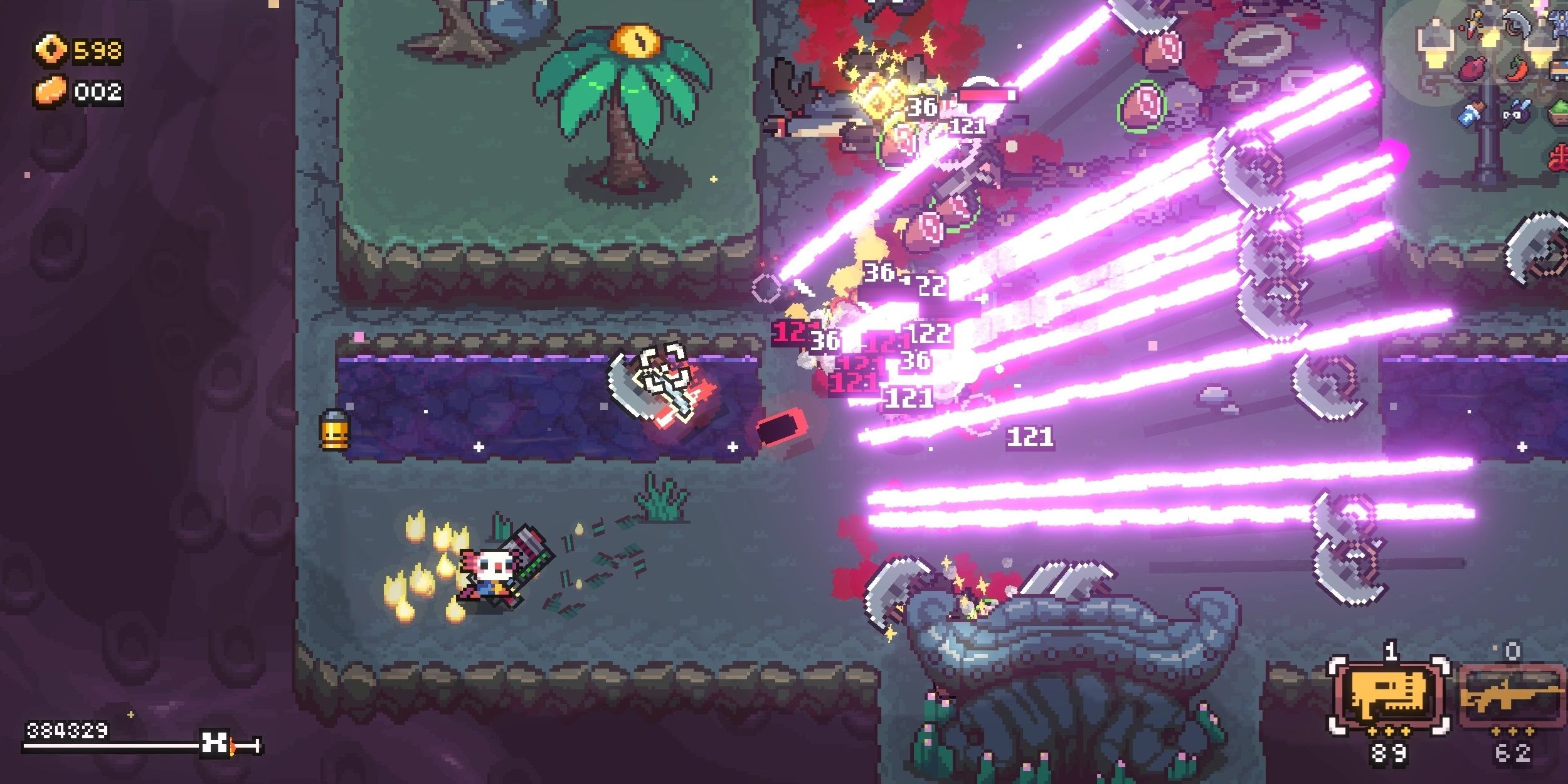 A clown-painted axolotle (left side) with a giant cannon fires multiple pink lasers at once across the right side of the map in AK-xolotl.