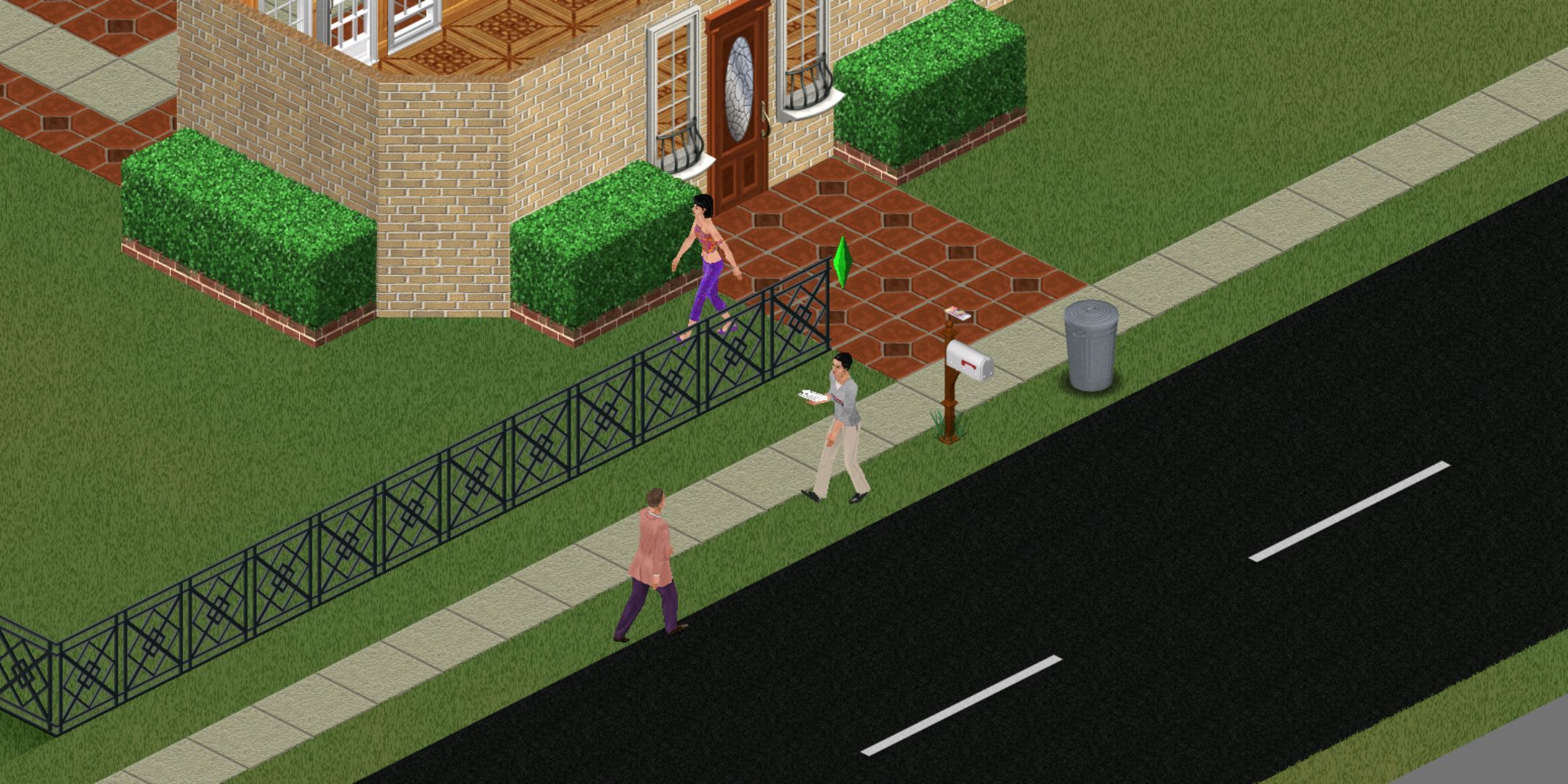 A male and female Sim walk outside their house. Another Sim in pink is walking up the street.