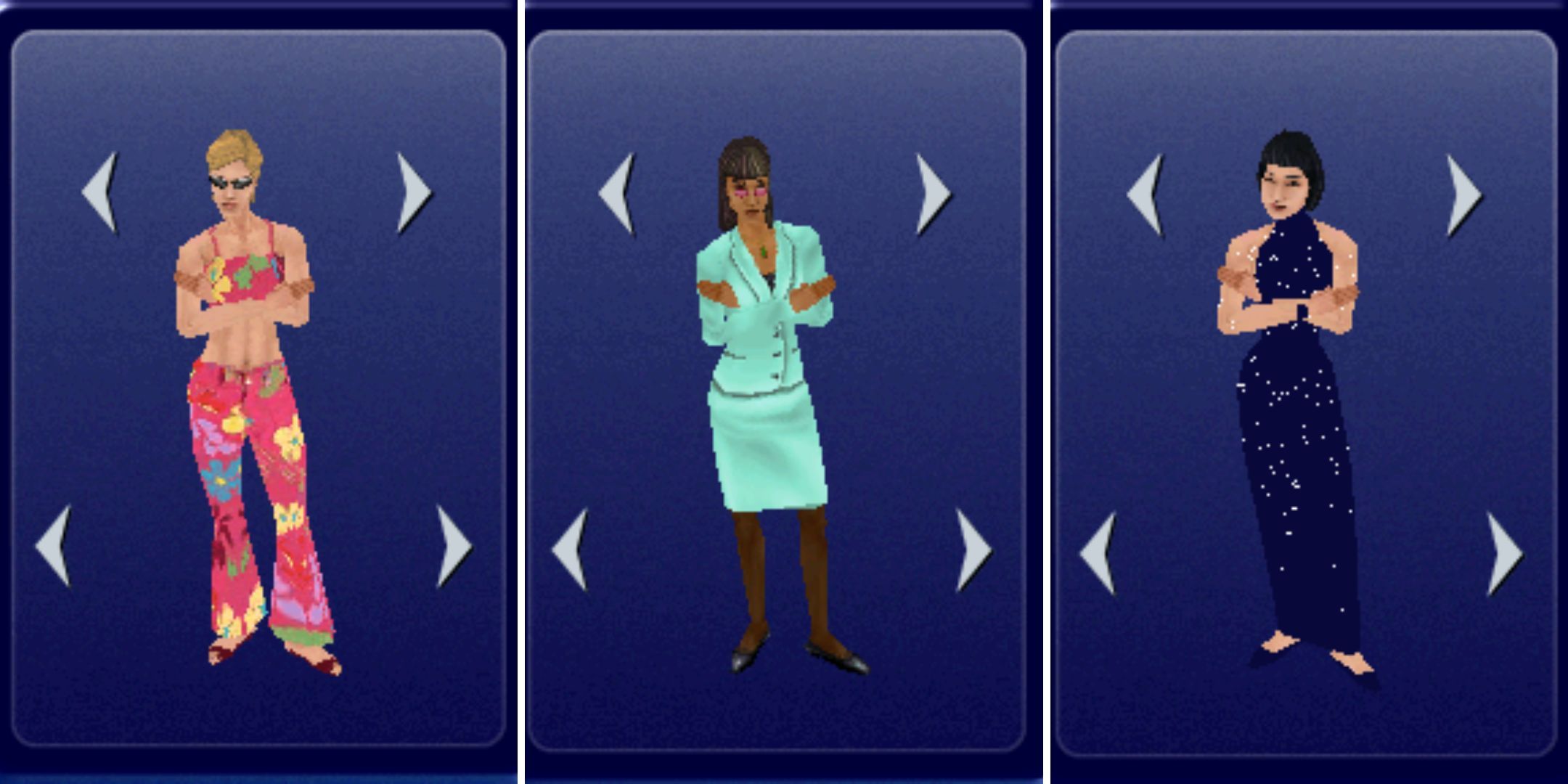 Three Sims wear a floral jumpsuit, a mint suit, and a midnight blue gown.