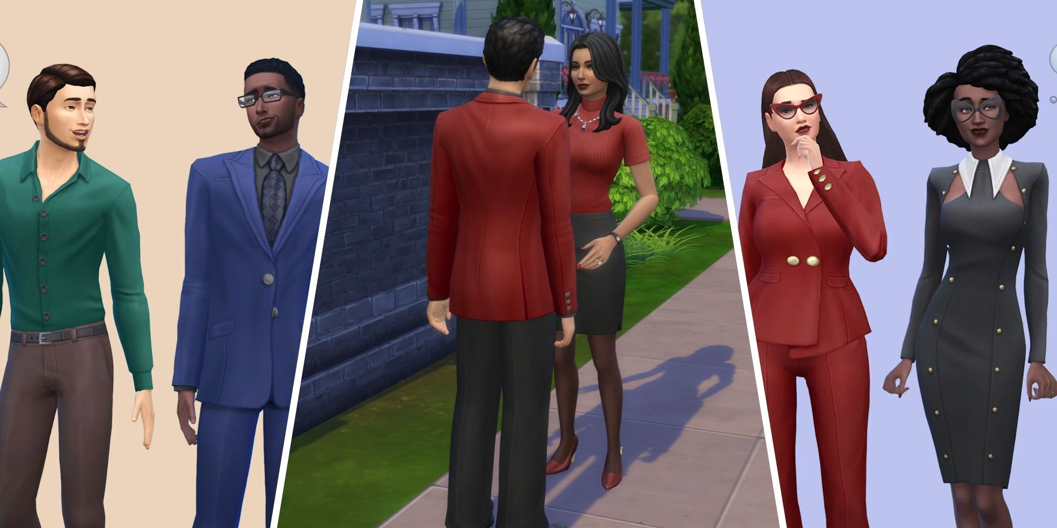 Split images of two male sims standing together, Bella and Mortimer Goth together, and two female Sims standing together, all wearing clothes from The Business Chic Kit from The Sims 4.