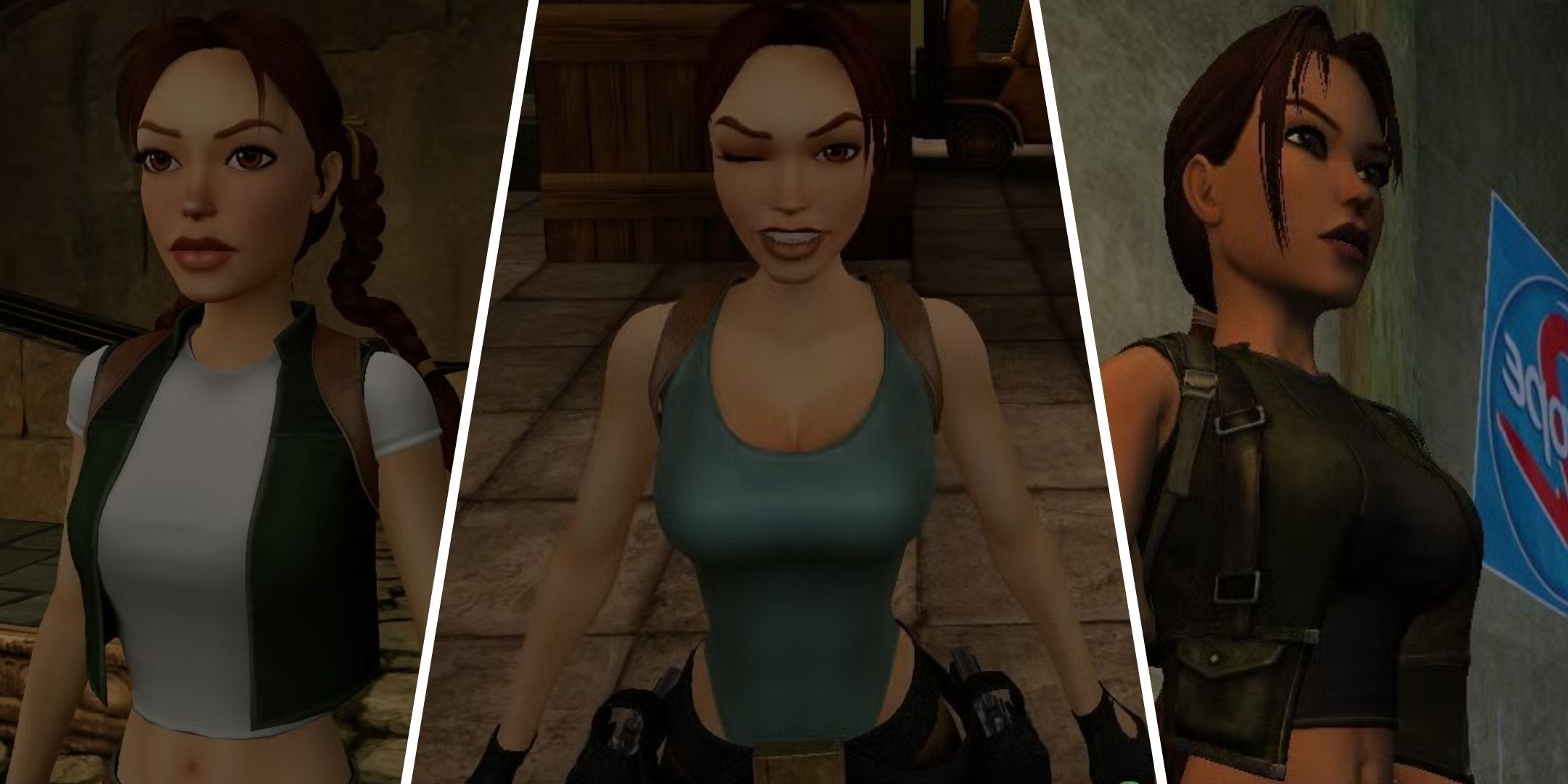 Split image of Lara Croft from Tomb Raider wearing different outfits.