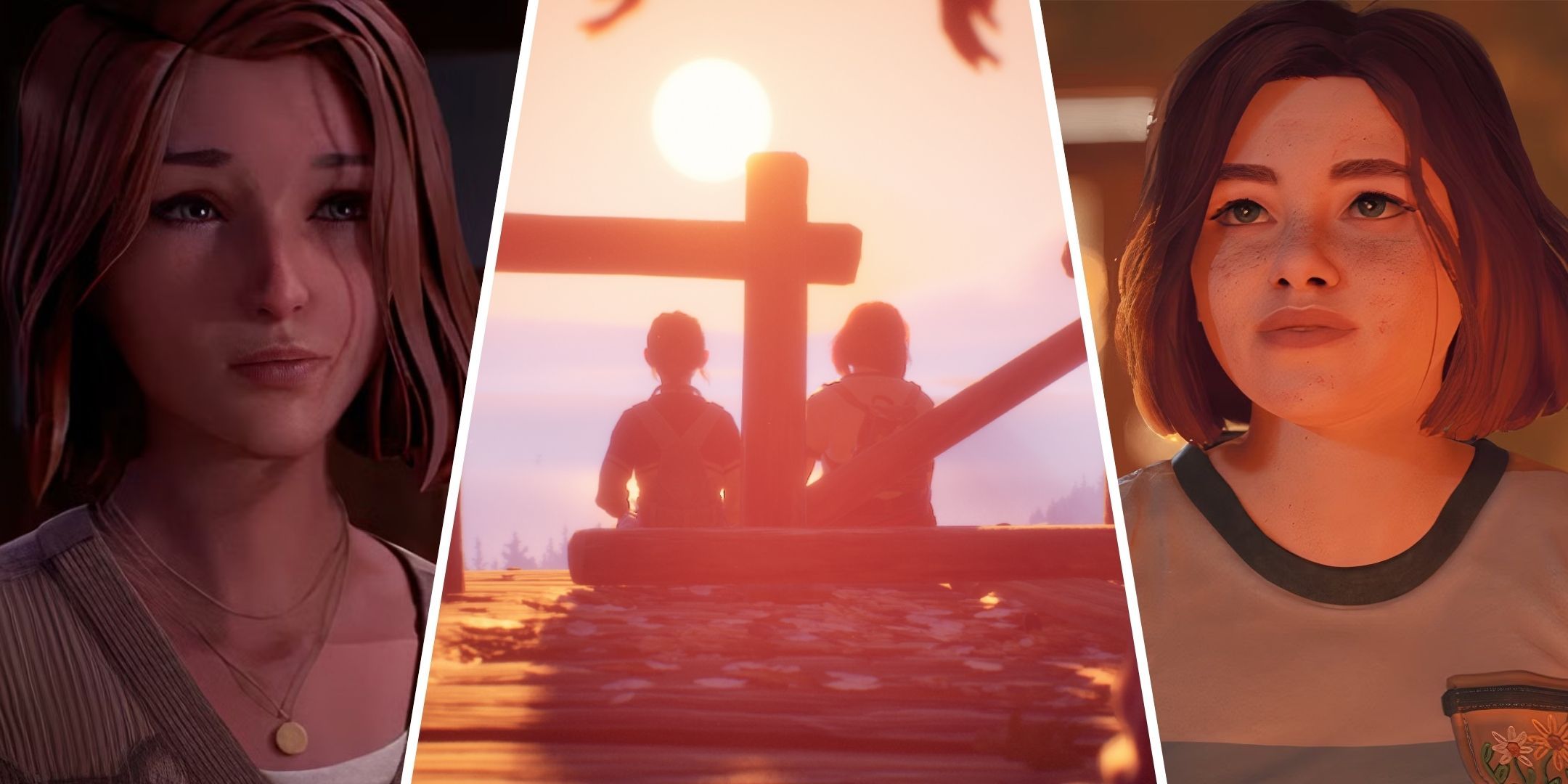 Split images showing Max Caulfield from Life Is Strange: Double Exposure, and Kat and Swann sitting together in front of a sunset, and Swann from Lost Records: Bloom And Rage.