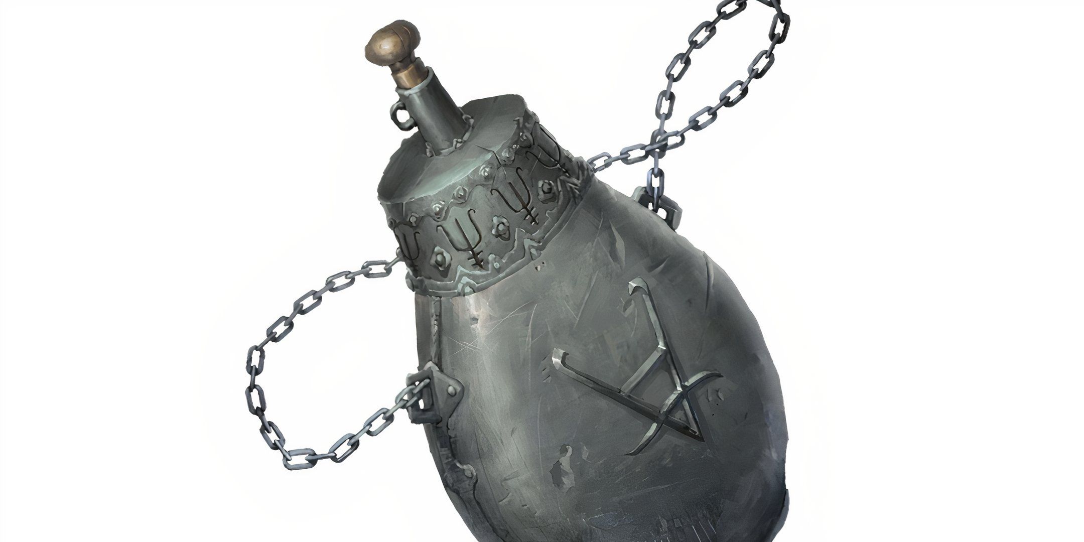 An iron flash magic item in Dungeons & Dragons, corked and featuring a chain strap.