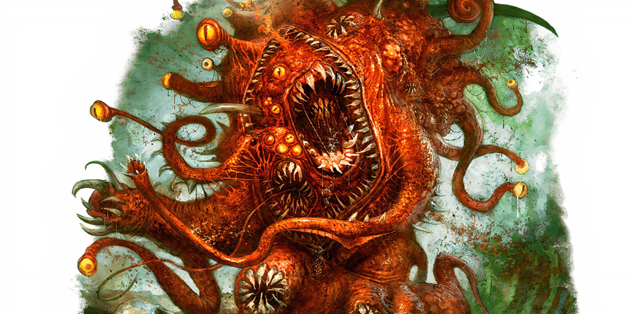 The terrifying Gibbering Mouther creature with dozens of eyes and teeth and orange skin in Dungeons &amp; Dragons.