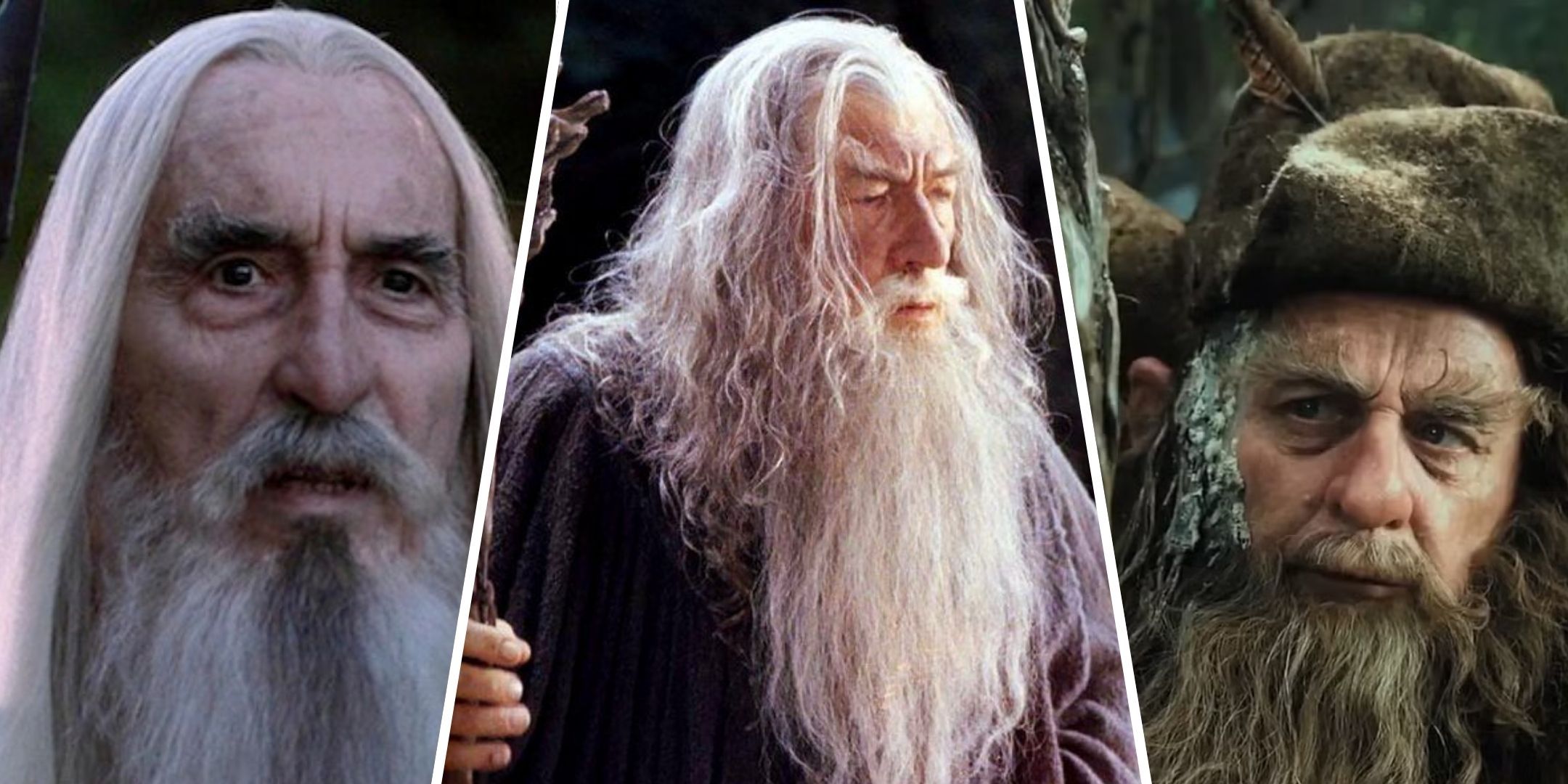 A collage of Saruman, Gandalf and Radagast.