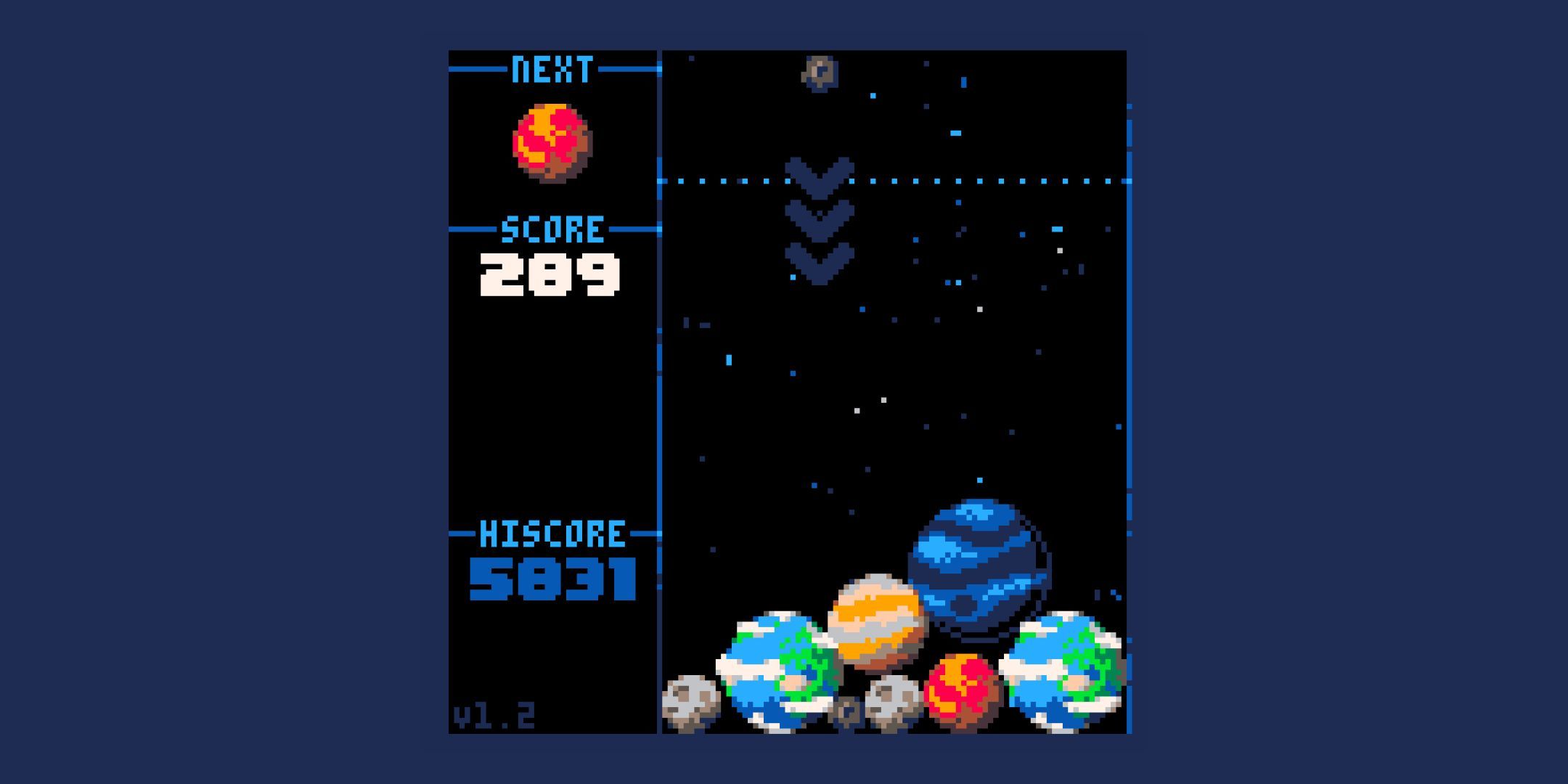 A screenshot of the retro-esque game, Cosmic Collapse, showing pixelated planets being piled on top of each other