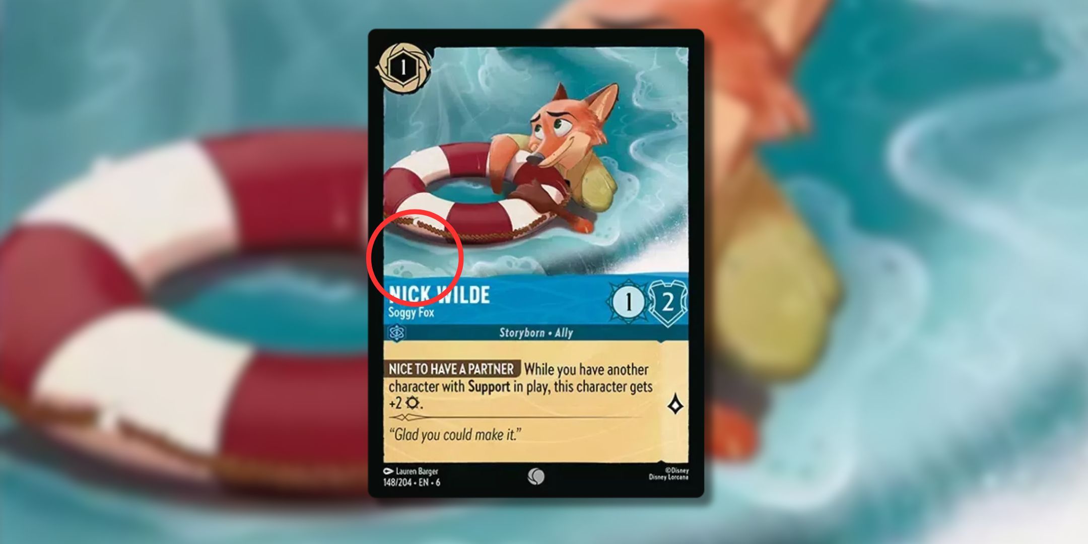 Disney Lorkana's Nick Weld Sogi Fox has hidden in the surf on the left side of the card.