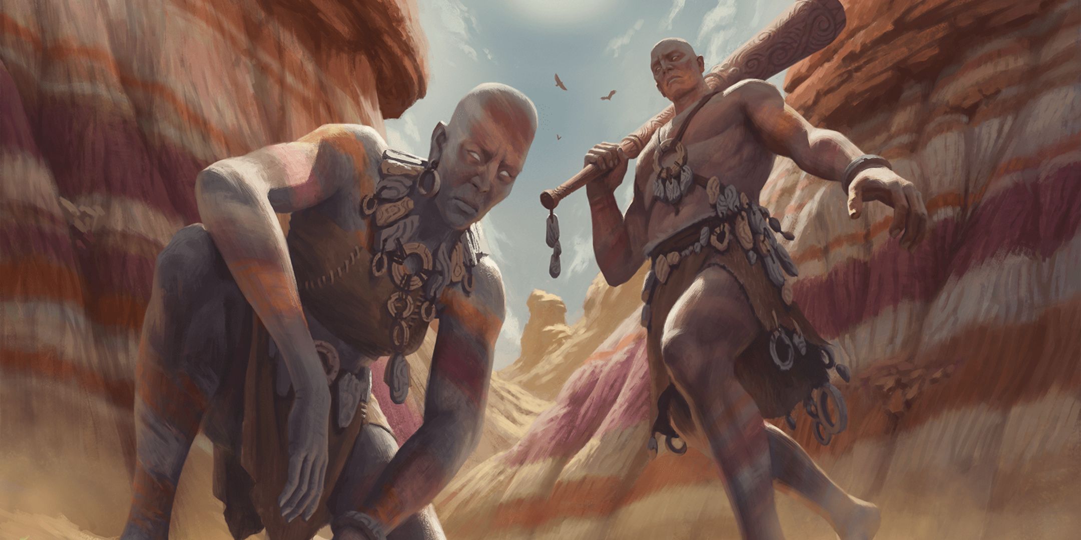 Dungeons & Dragons two stone giants, one kneeling and the other weilding a club, by Robson Michel