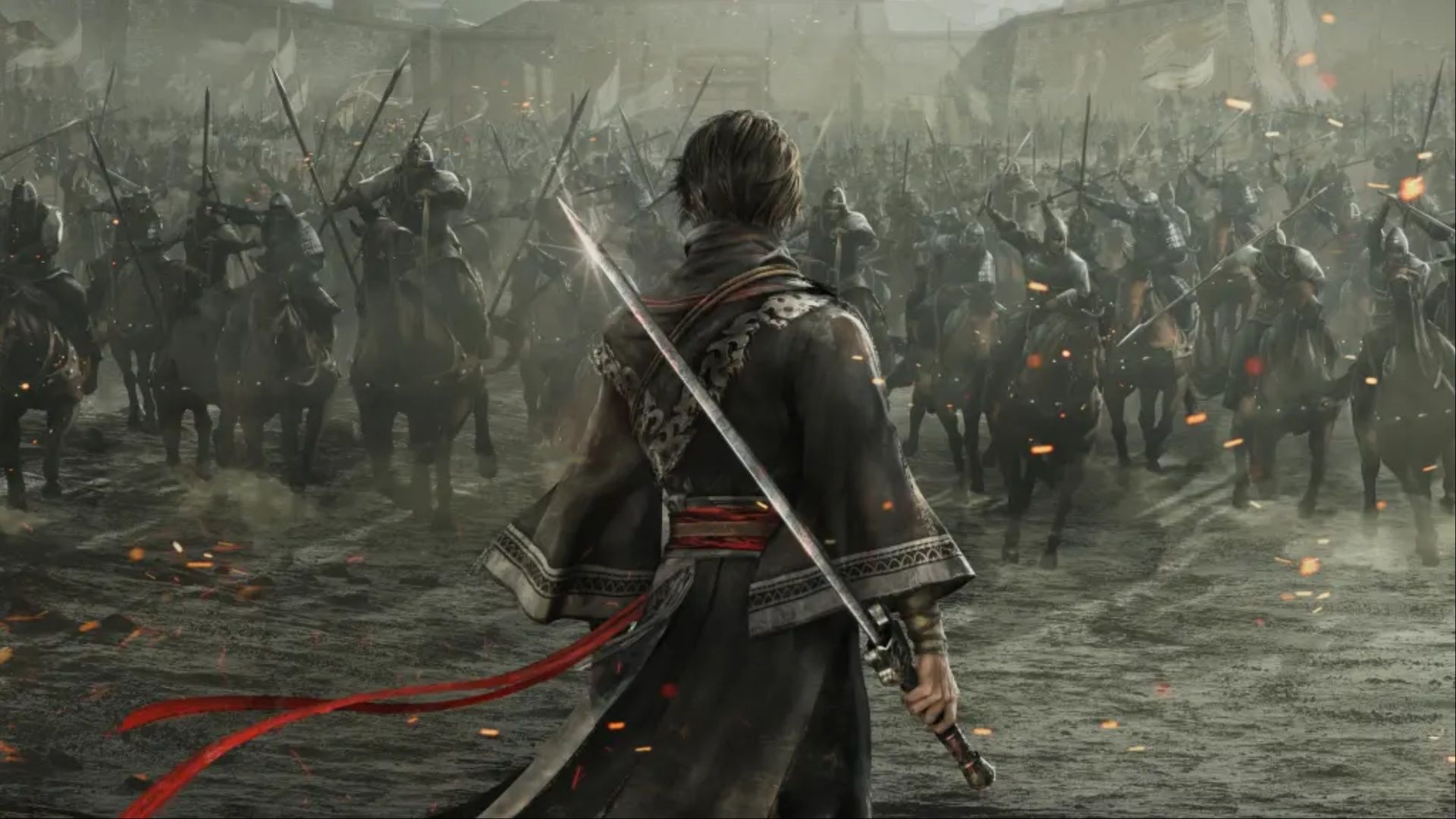 Key art for Dynasty Warriors: Origins, showcasing the Protagonist staring at an incoming hoard of enemy soldiers.