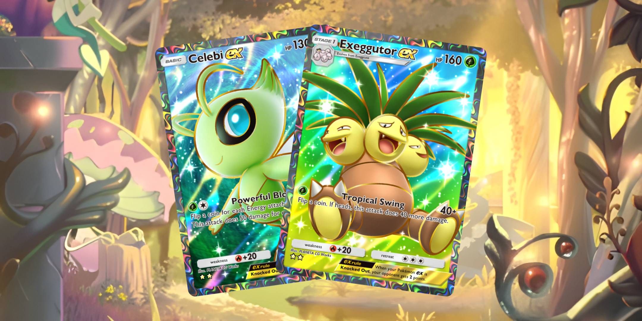 The Exeggtor ex and Celebi ex cards overlaid on the Celebi Immersion Rare background.