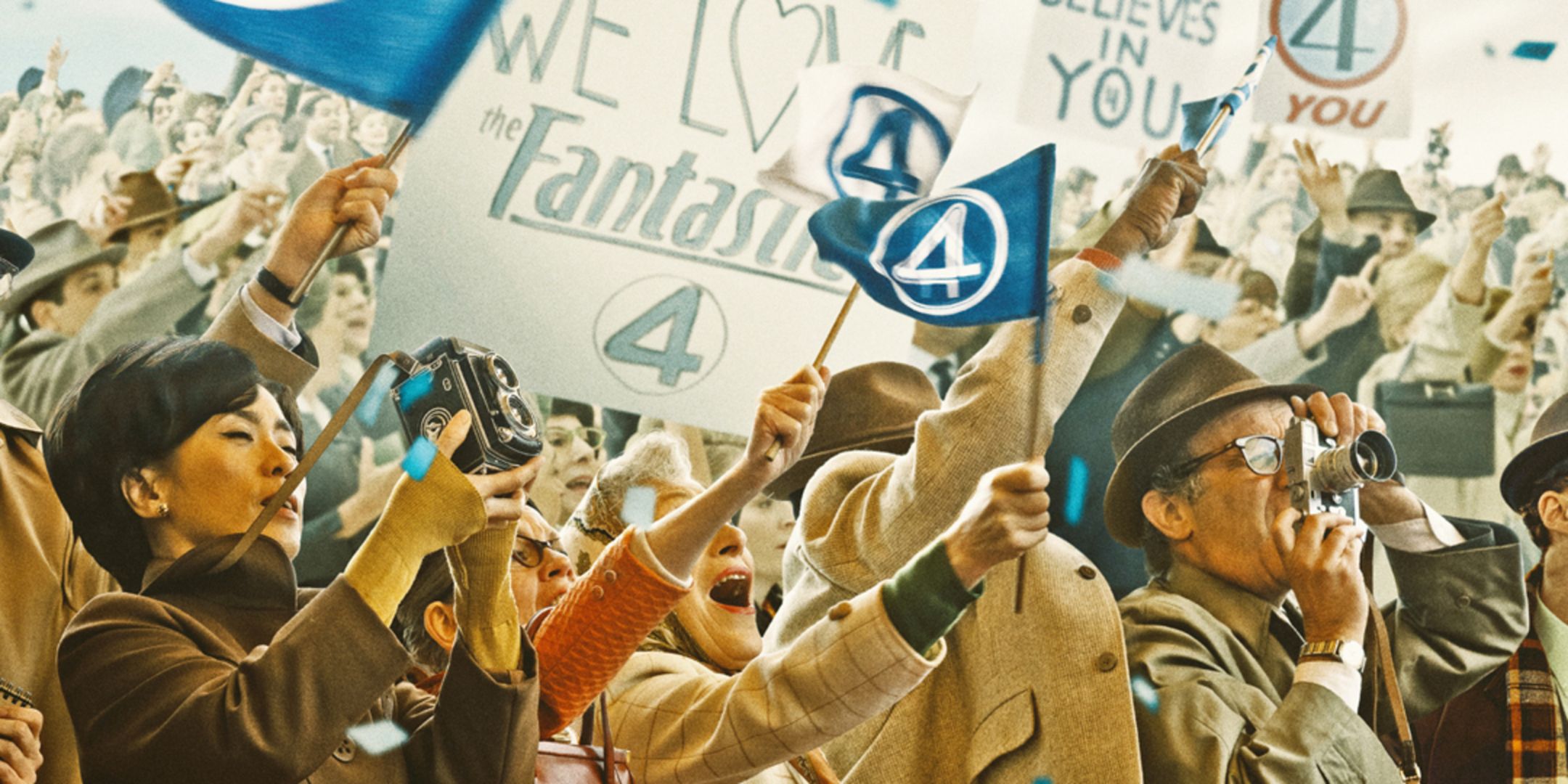 A cropped image of the Fantastic Four poster suspected to contain AI. It features a crowd waving Fantastic Four flags and holding up signs.