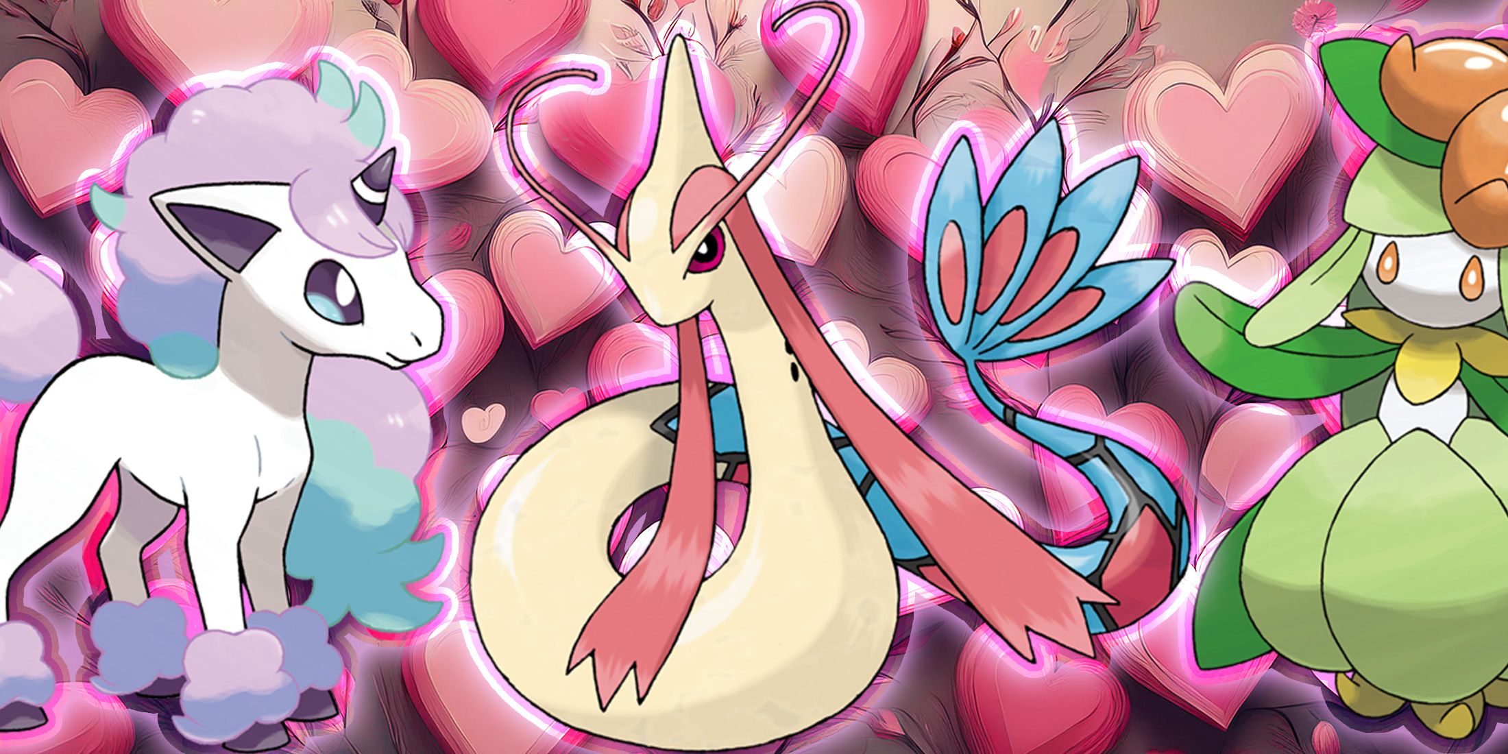Galarian Ponyta, Milotic and Lilligant&rsquo;s image placed on a background that includes pink hearts