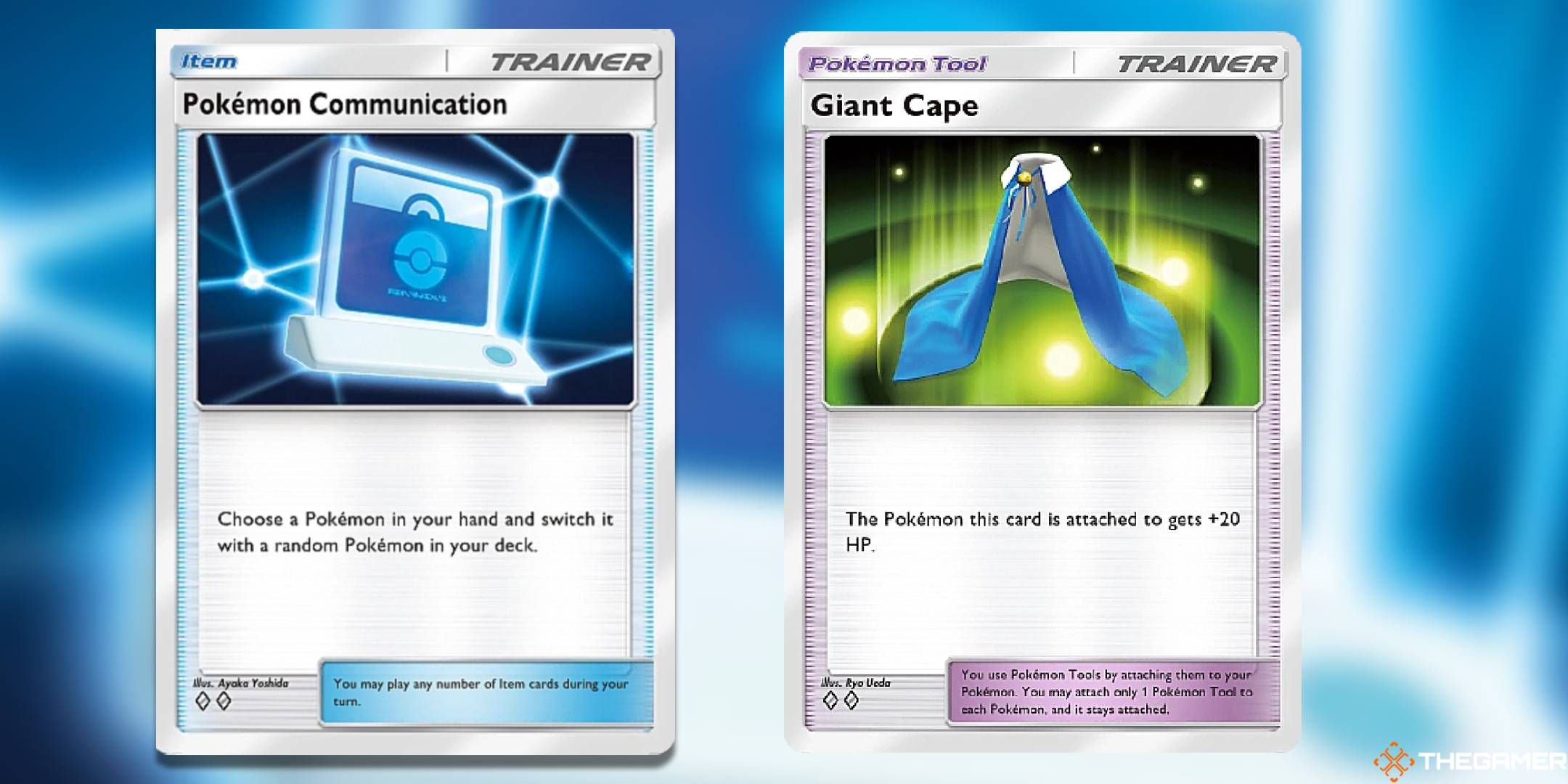 Giant Cape and Pokemon Communication split image from Pokemon Pocket.