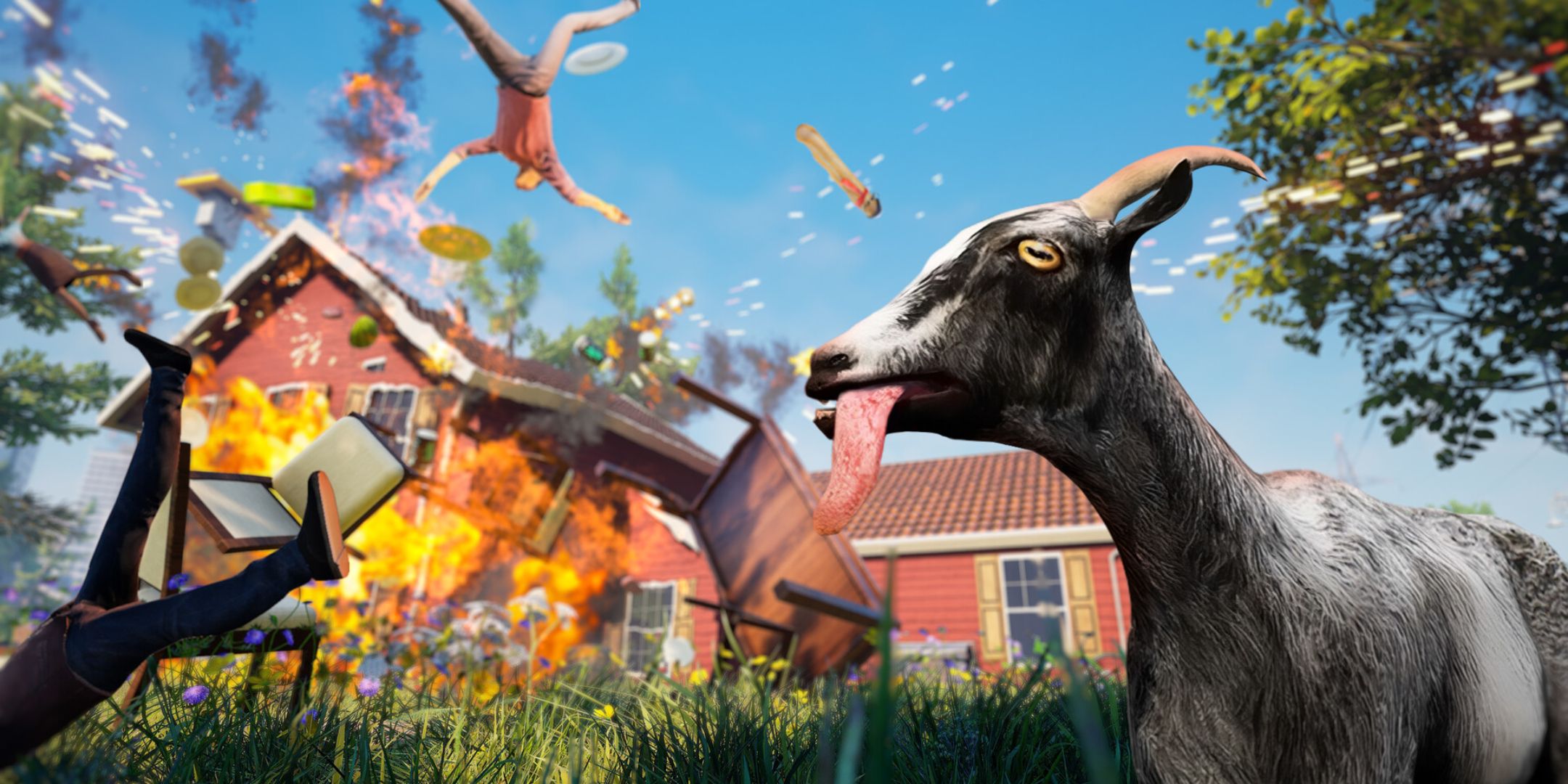 Goat Simulator Remastered screenshot of a goat standing next to a explosion.