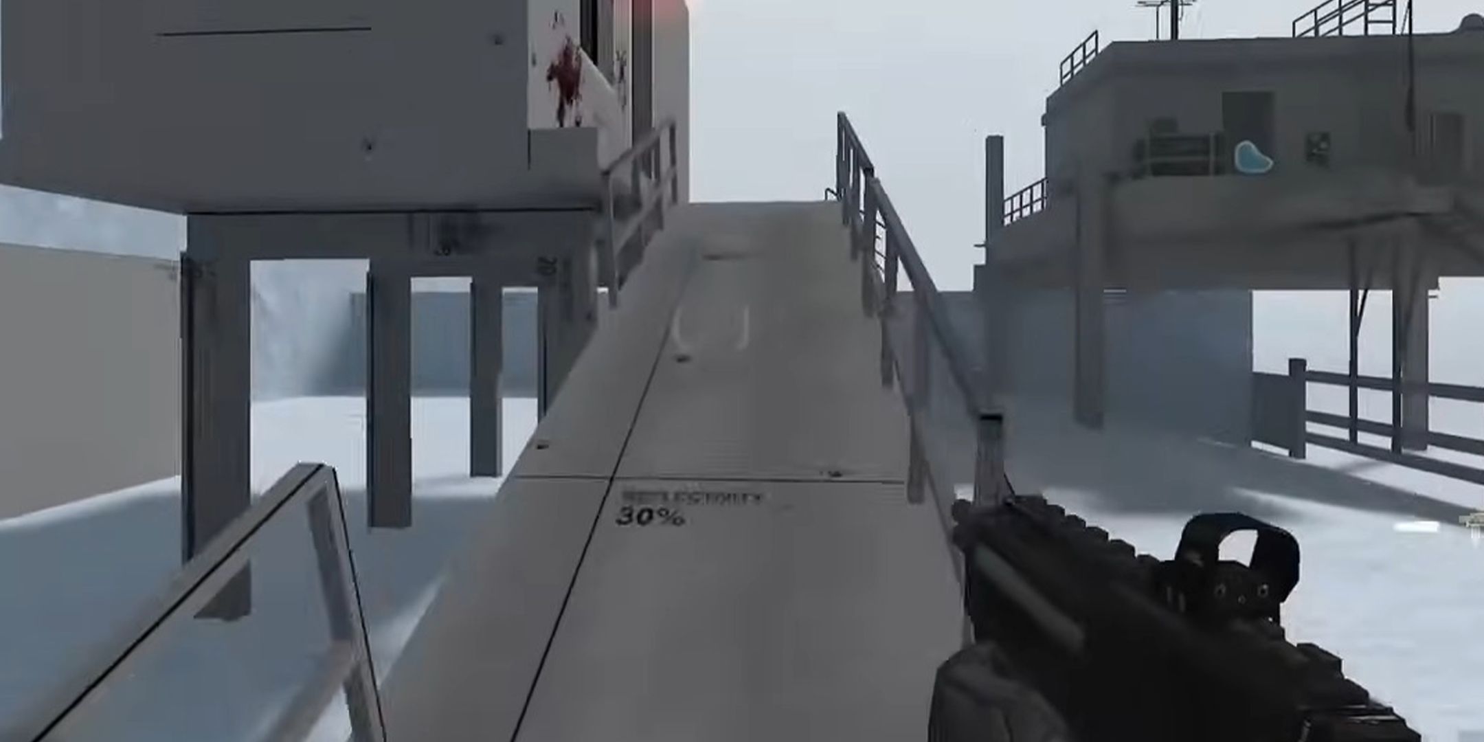 Half-Life 2 Episode Three screenshot of the player walking up a ramp with an SMG in hand in the Arctic. Textures are unfinished, blocky, and grey.