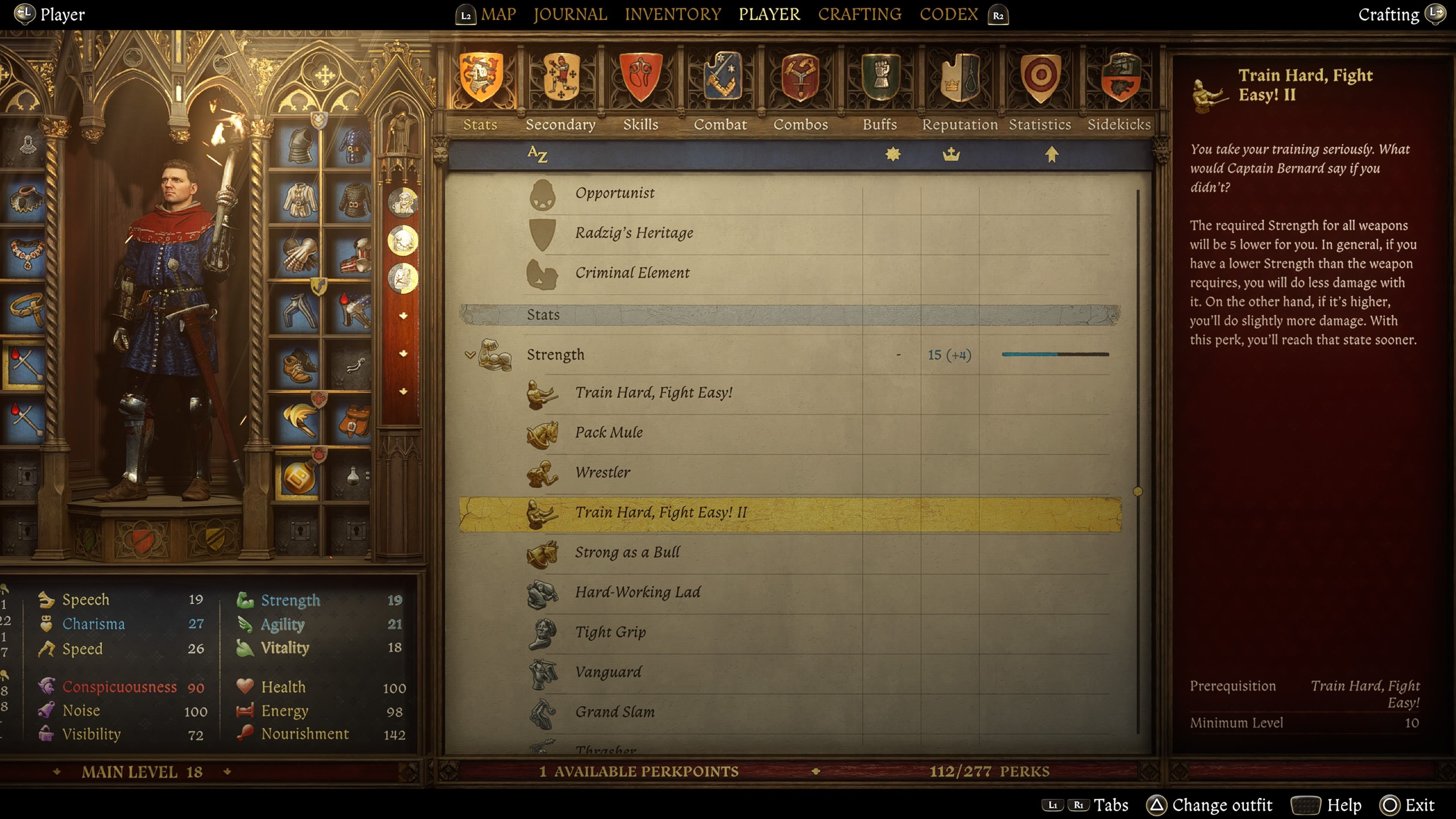 Kingdom Come: Deliverance 2 screenshot of train hard, fight easy perk.