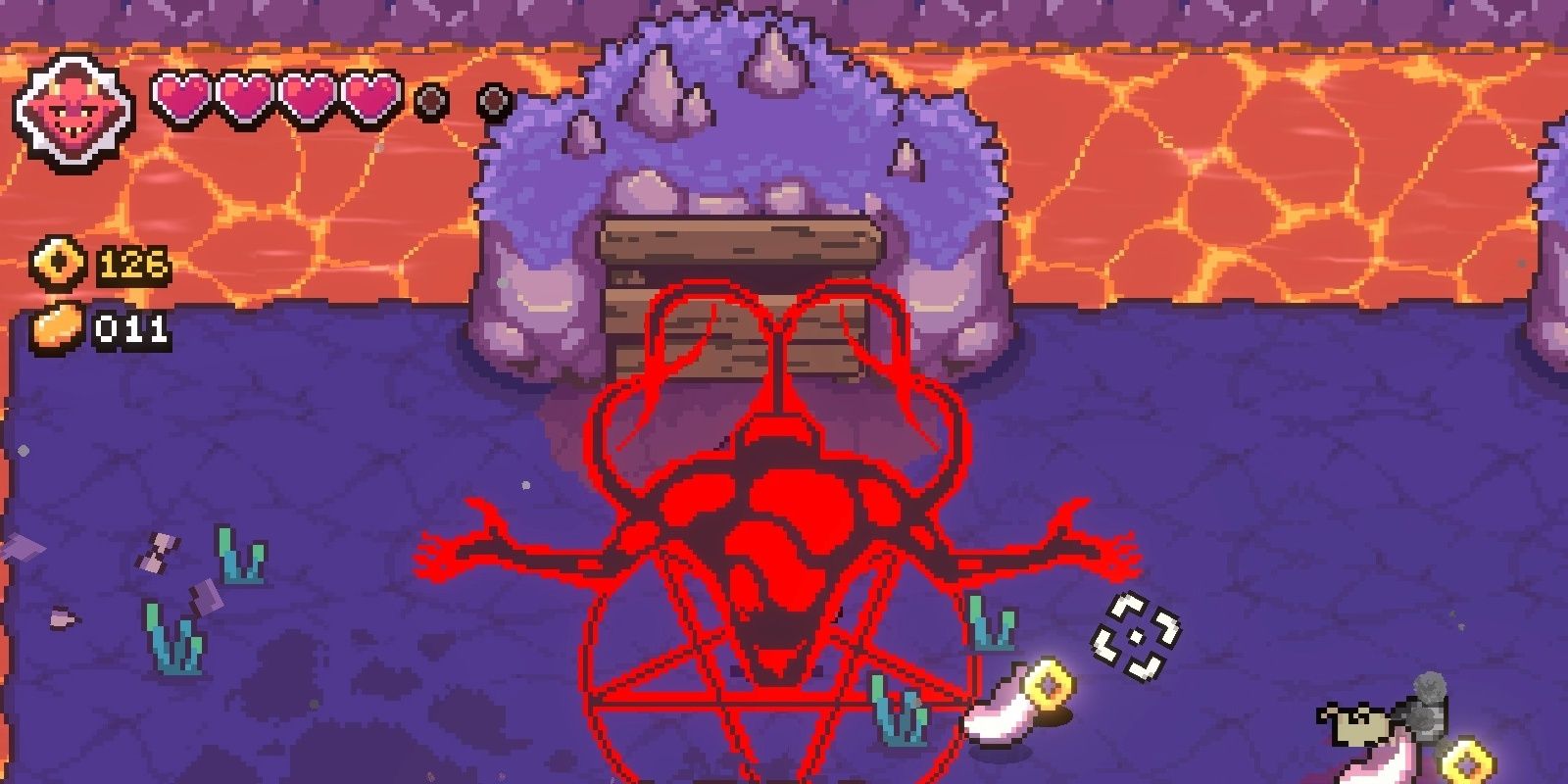 The Imp using its Summon ability, manifesting a demonic entity of energy within a pentagram array in a lava level in AK-xolotl.