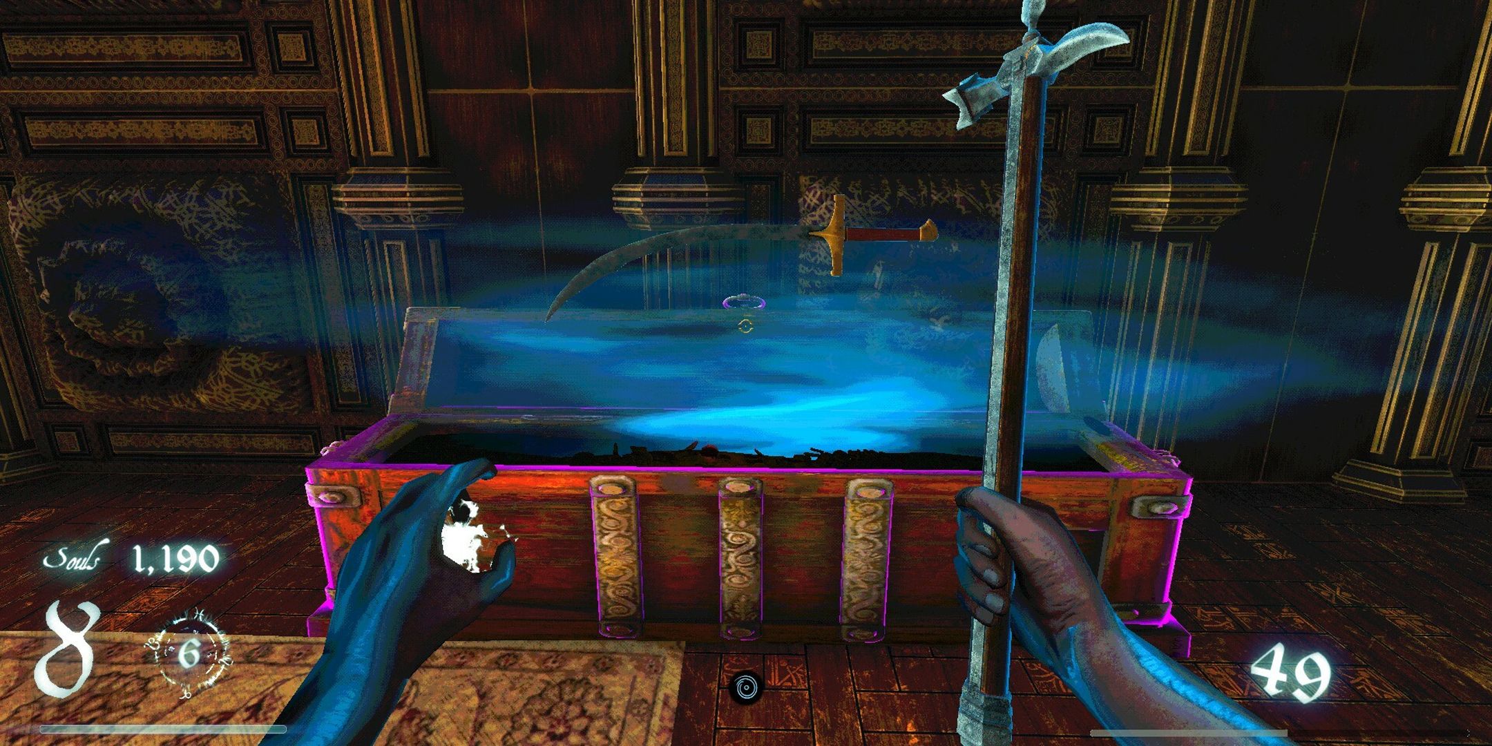 Imperium screenshot of player opening a mystery box to get a sword, while holding a hammer.