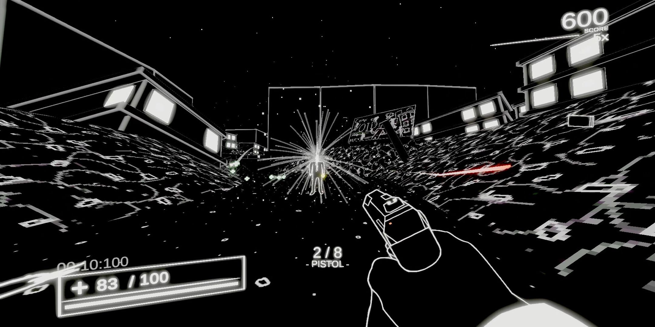 Into The Void player shooting an enemy in the head with a pistol.