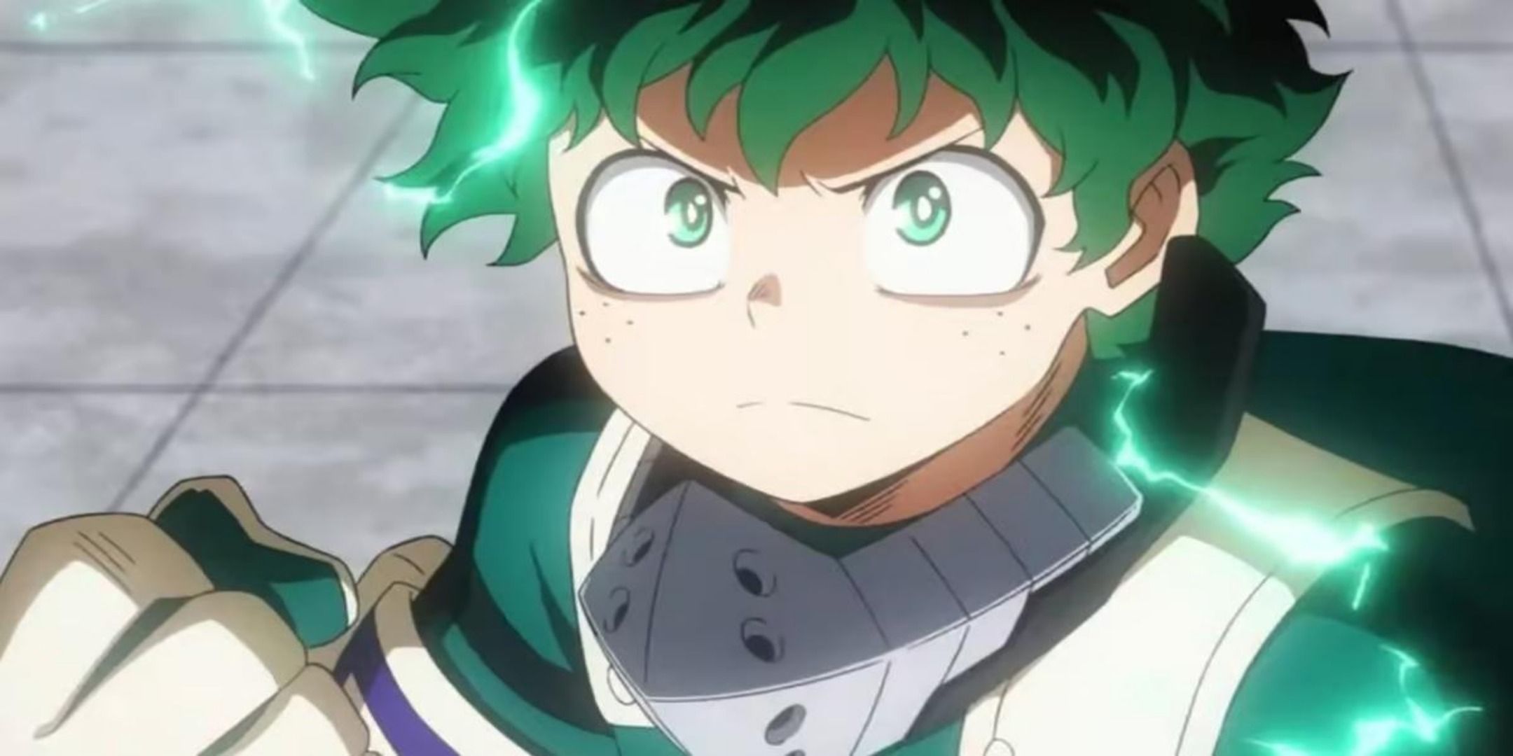 Izuku Midoriya (Deku) using his quirk One For All in My Hero Academia.