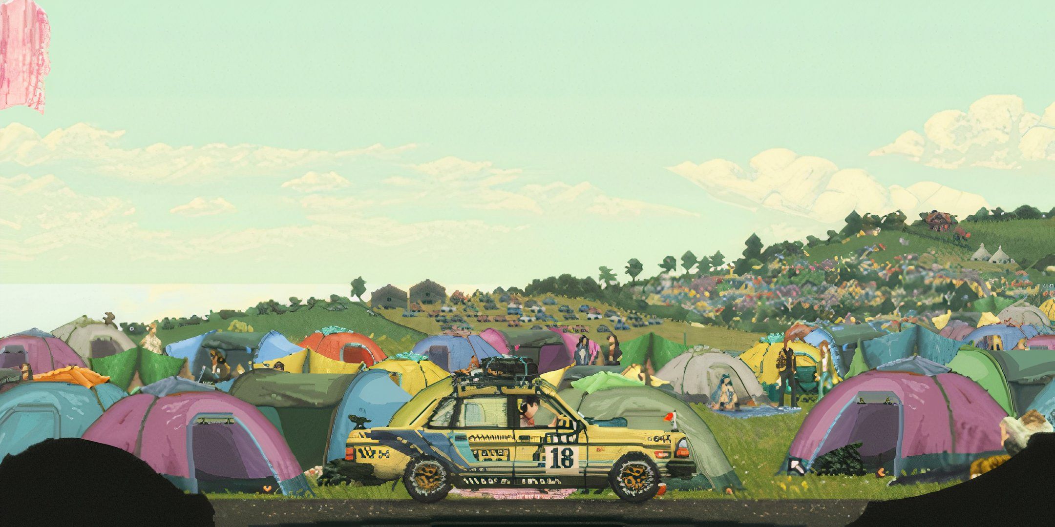A rally car sits in front of a sea of tents in the background in Keep Driving.