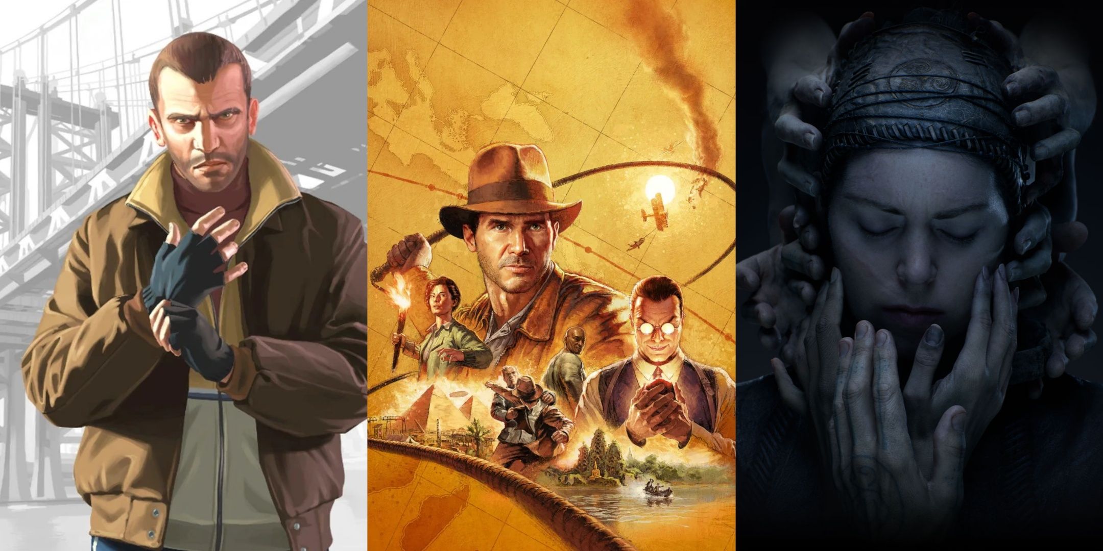 Key art of Niko from Grand Theft Auto 4, and box art to Indiana Jones and the Great Circle and Senua's Saga: Hellblade 2.