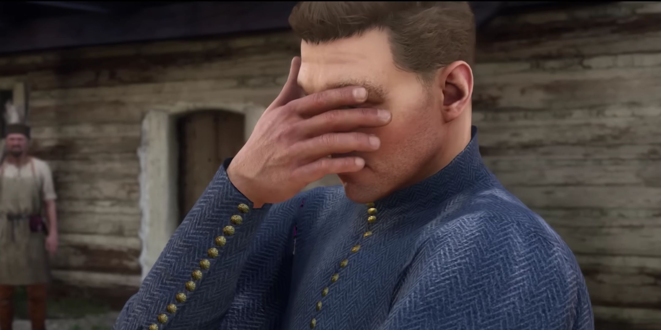 Henry facepalming in Kingdom Come: Deliverance 2.