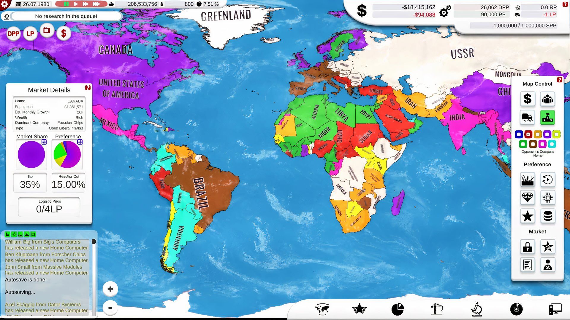 Location selection screen in Computer Tycoon.