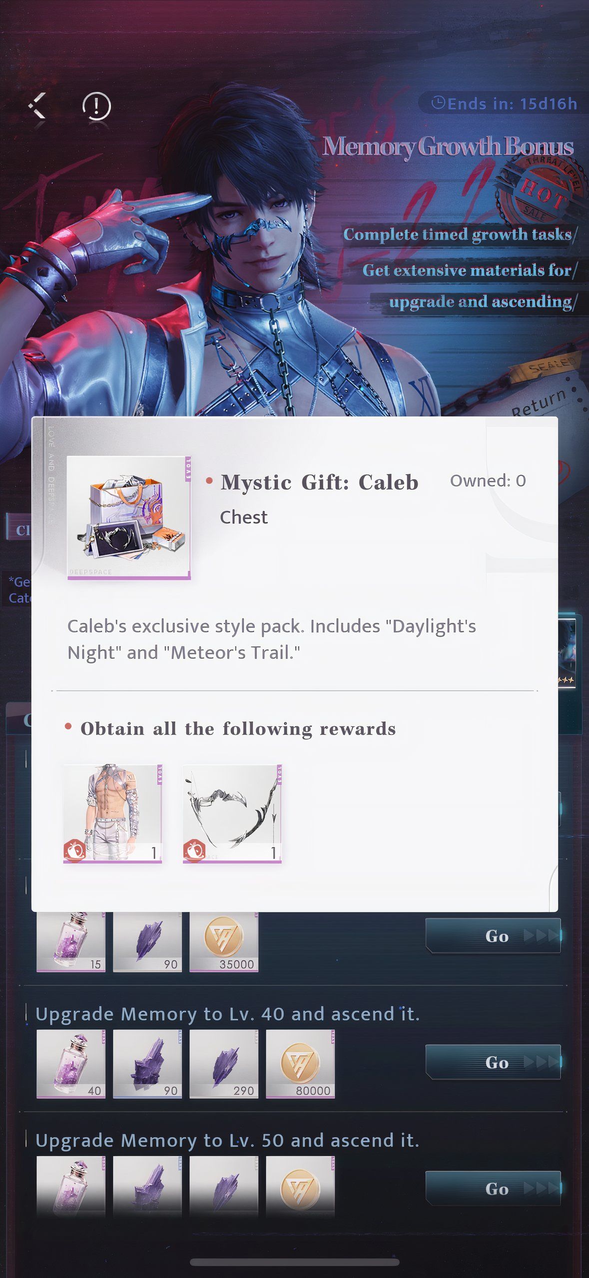 Love And Deepspace: An image of the limited outfit rewards for Caleb.