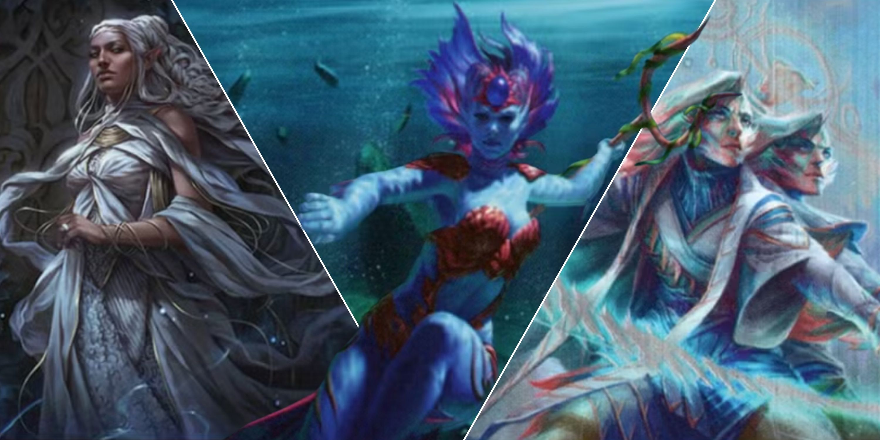 Magic The Gathering collage image of three Simic Commanders