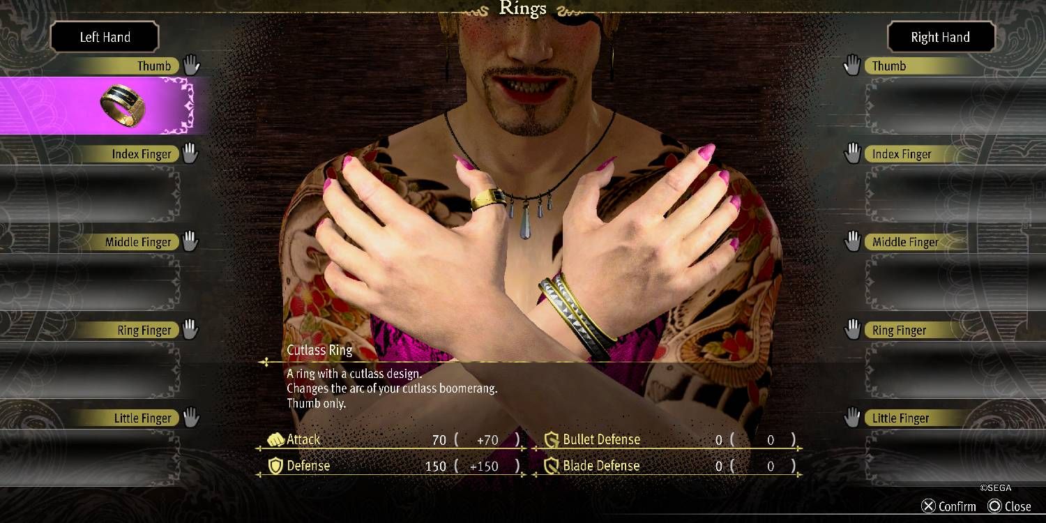 Majima modeling the Cutlass Ring in Like A Dragon Pirate Yakuza In Hawaii.