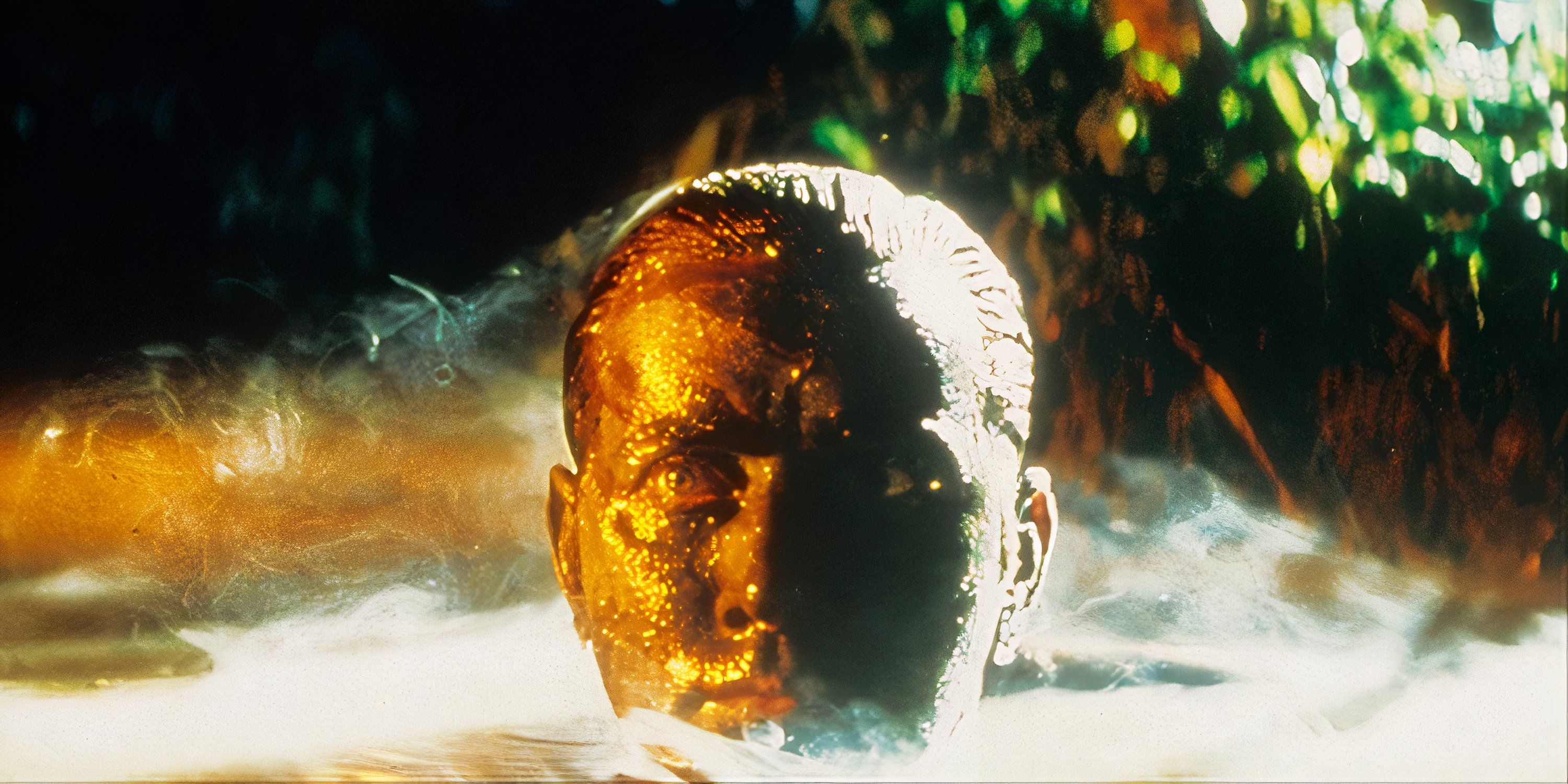 Martin Sheen covered in military cameo rising from a river in Apocalypse Now.