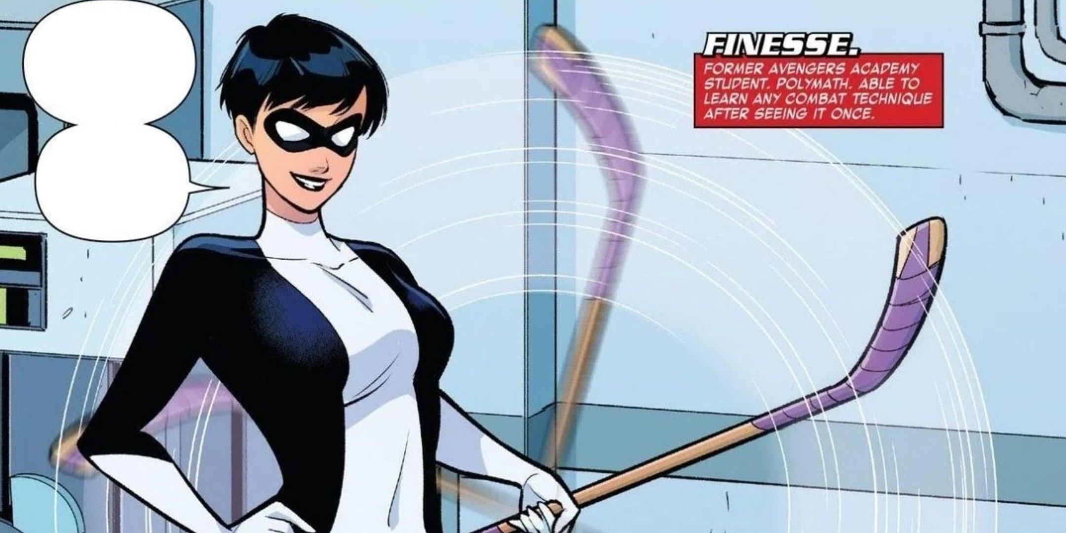 Marvel Comics image showing Finesse with a text box about her powers.