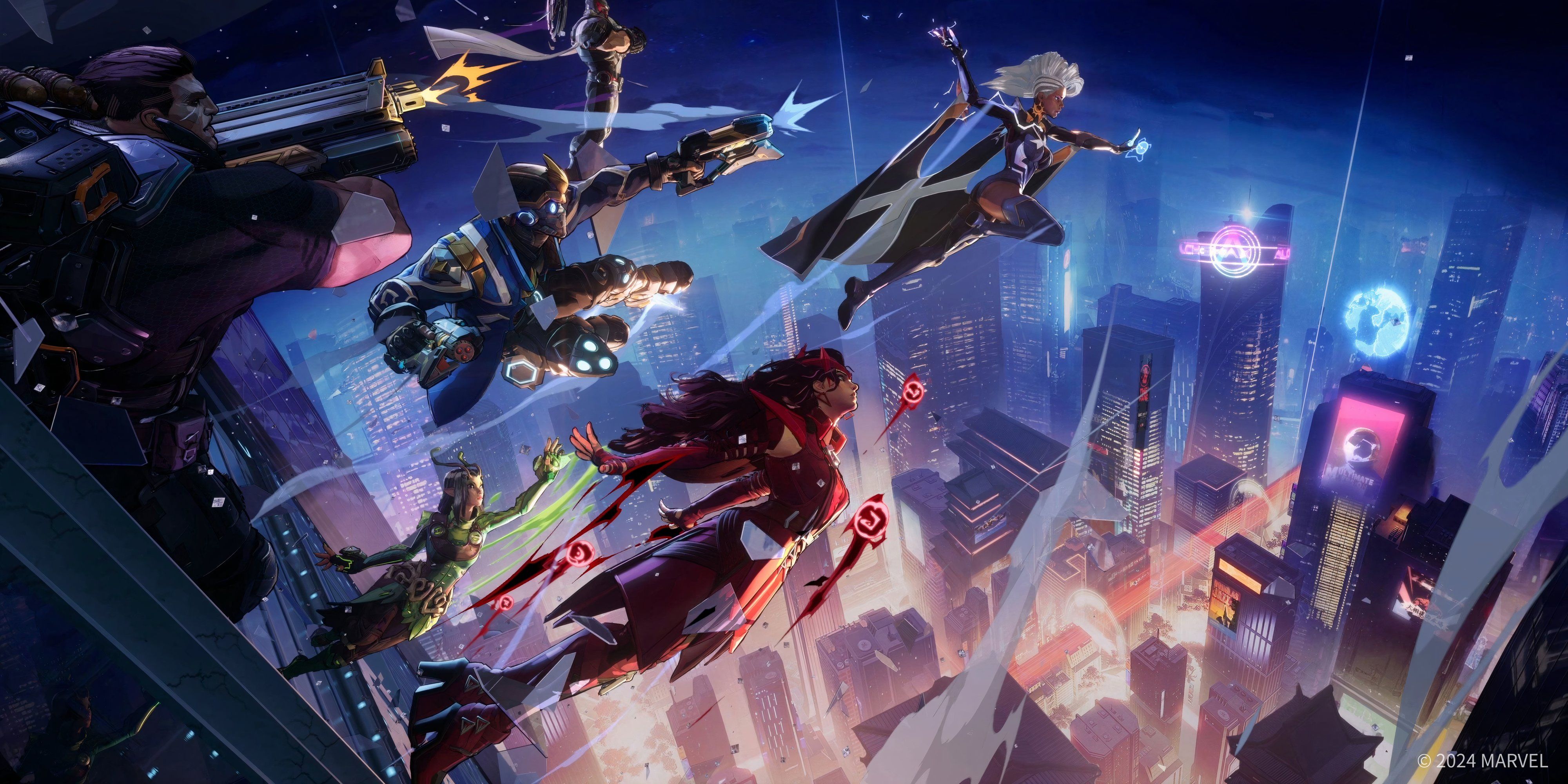 Marvel Rivals characters flying to the right of the screen.