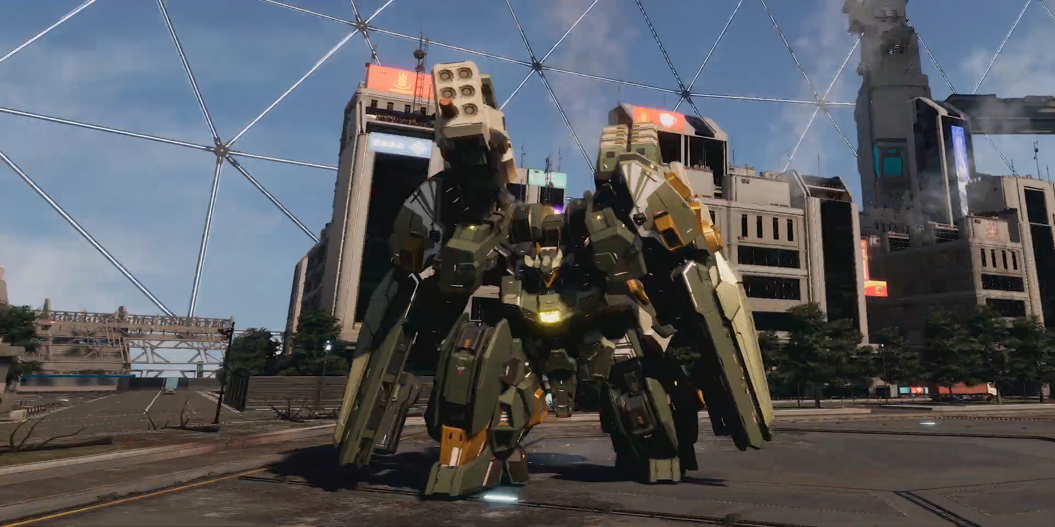 Mecha BREAK - Green mech standing in a cityscape.