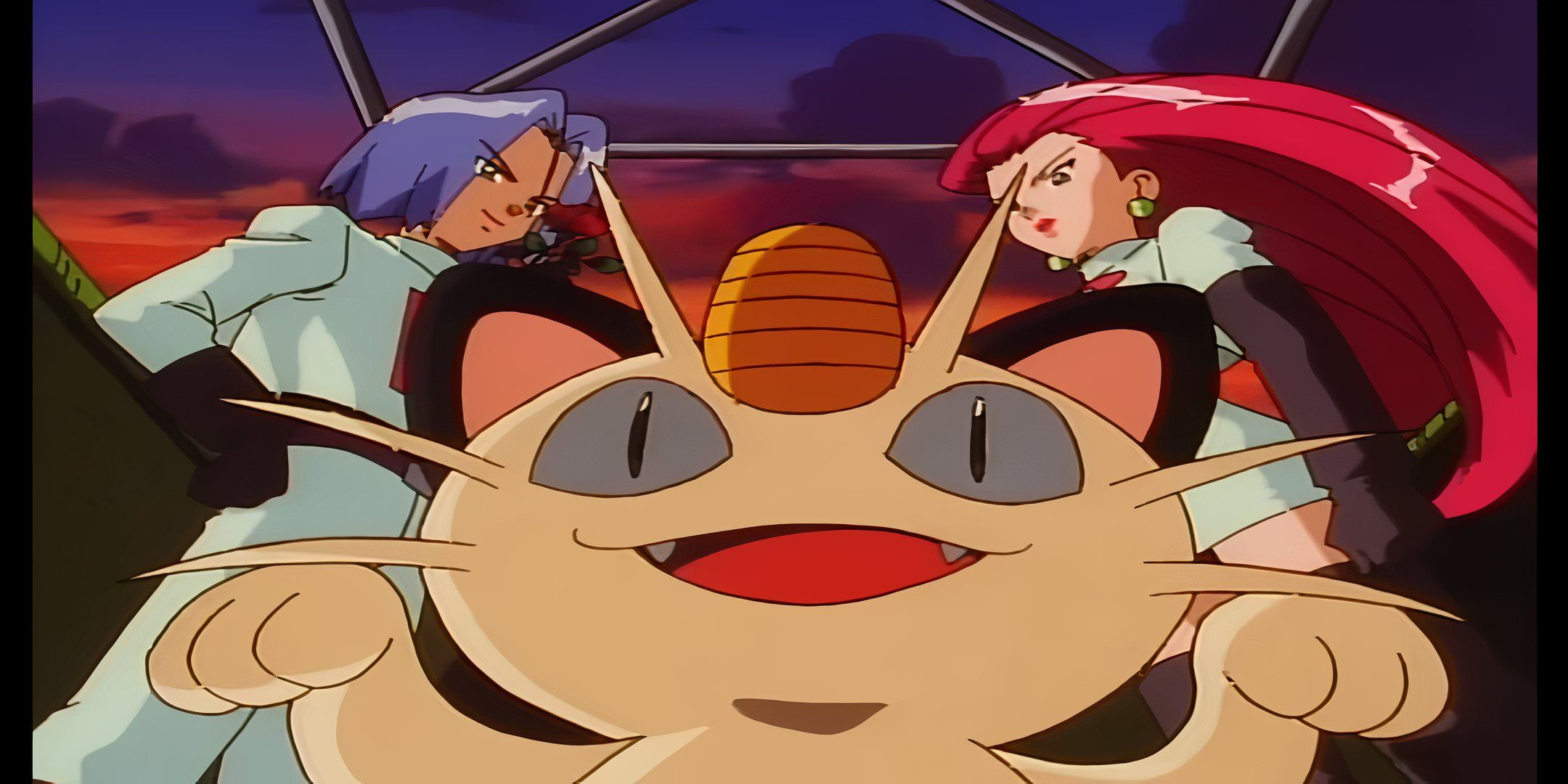 Meowth, jessie, and james on a hot air balloon.