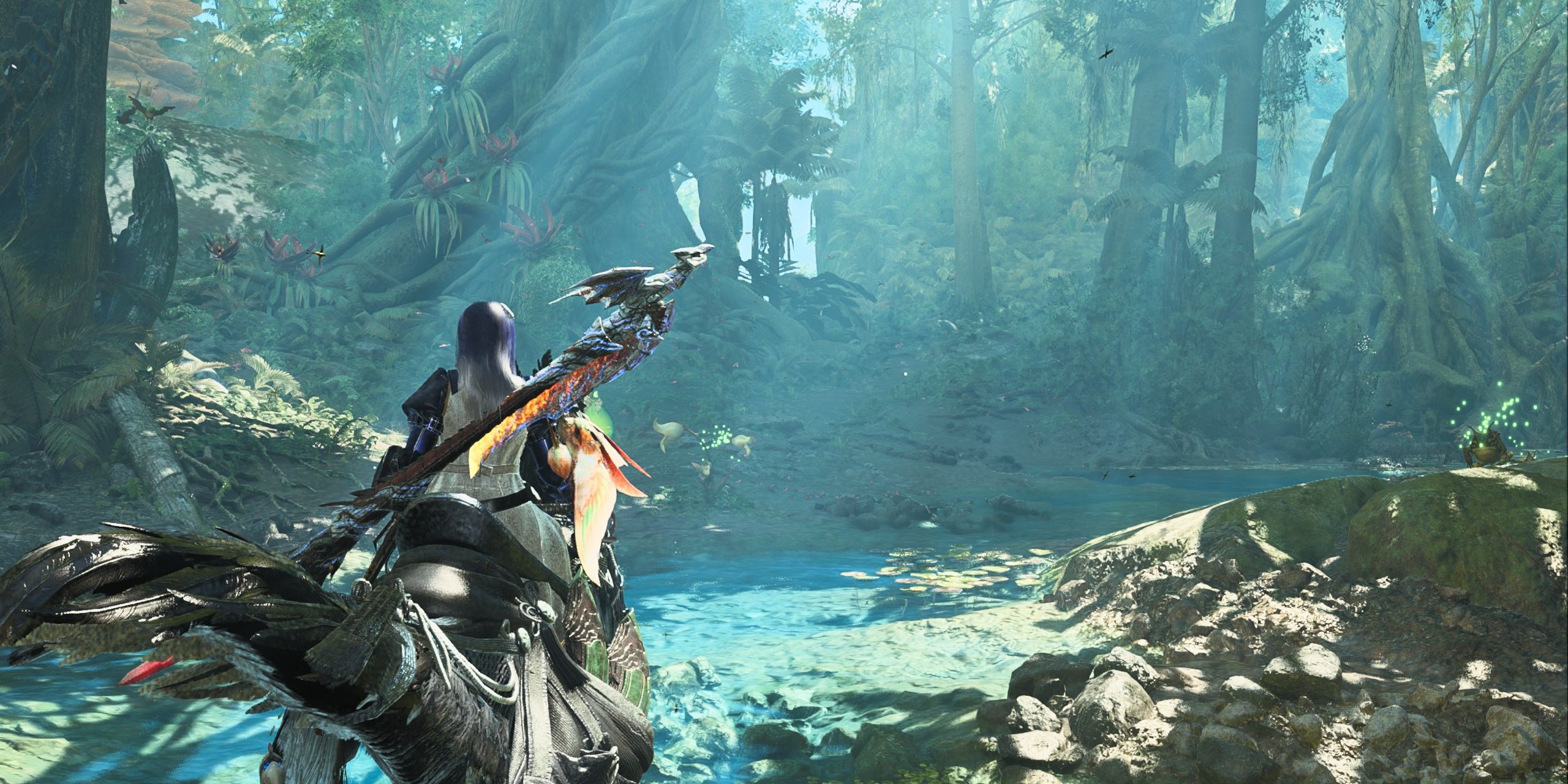 A hunter traveling on Seikret in Monster Hunter Wilds.