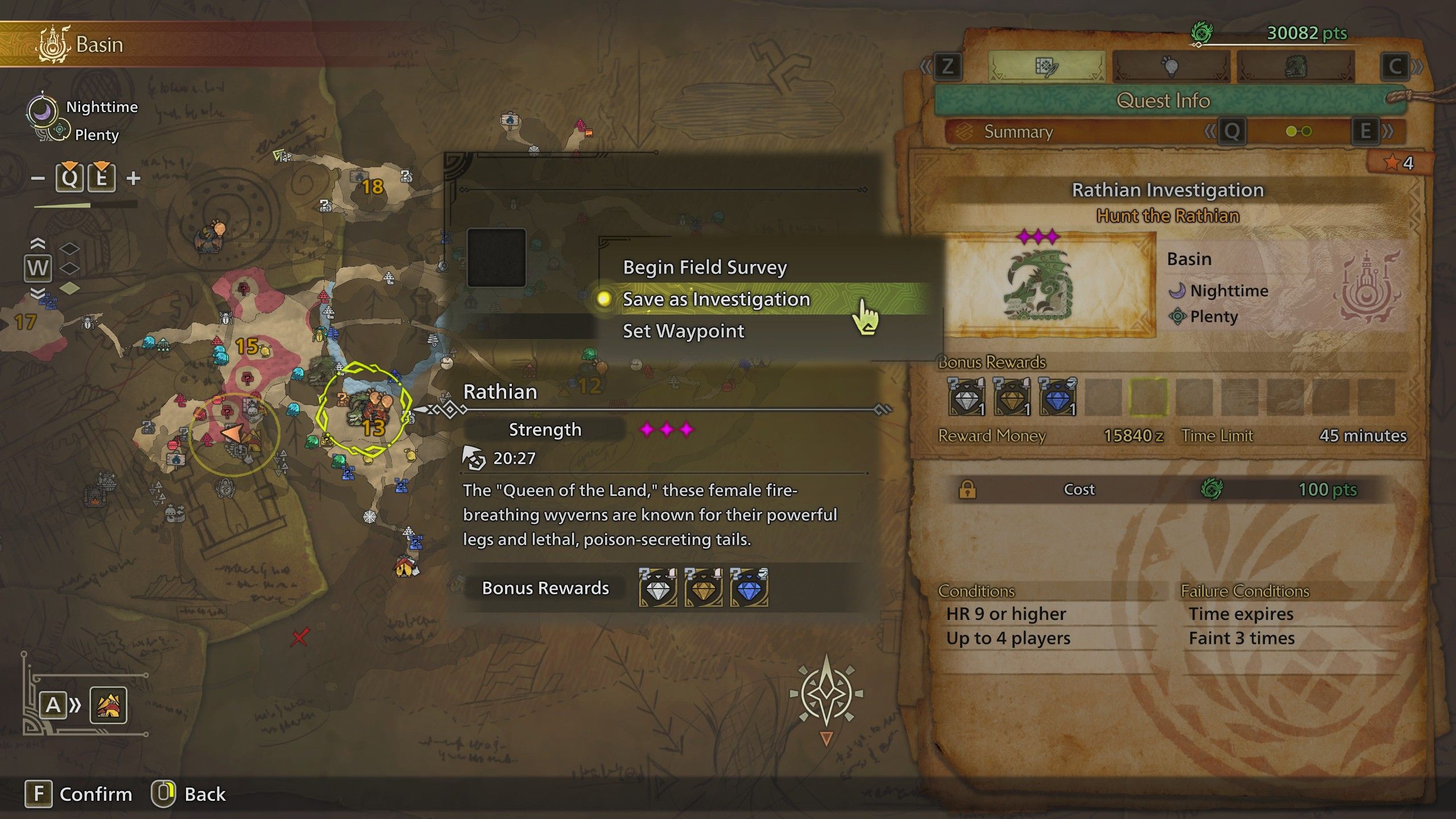 The map showing how to save an Investigation in Monster Hunter Wilds.