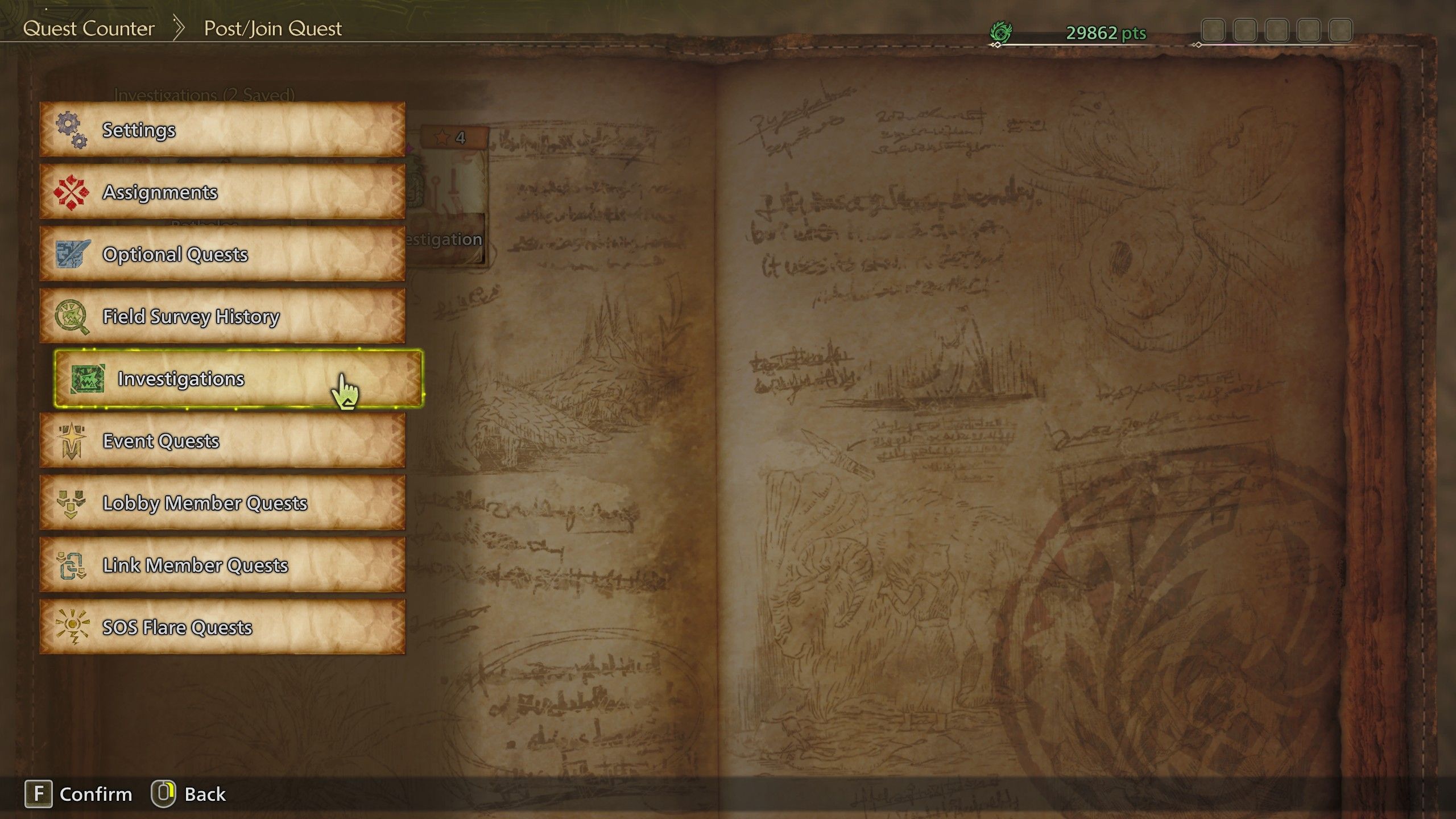 The Quest menu with the Investigations selected in Monster Hunter Wilds.