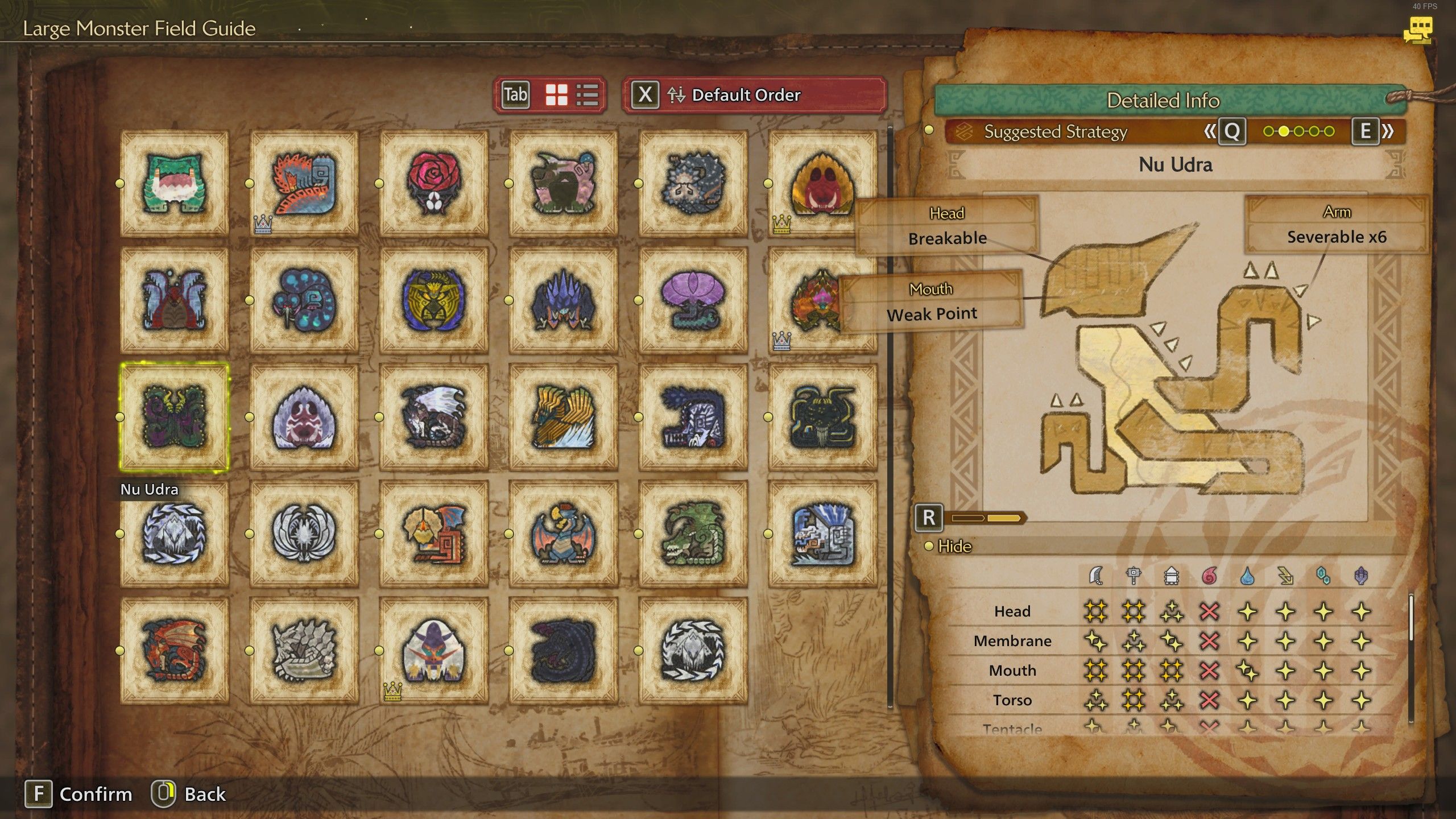 The Monster Guide menu showing the Nu Udra damage weaknesses in Monster Hunter Wilds.