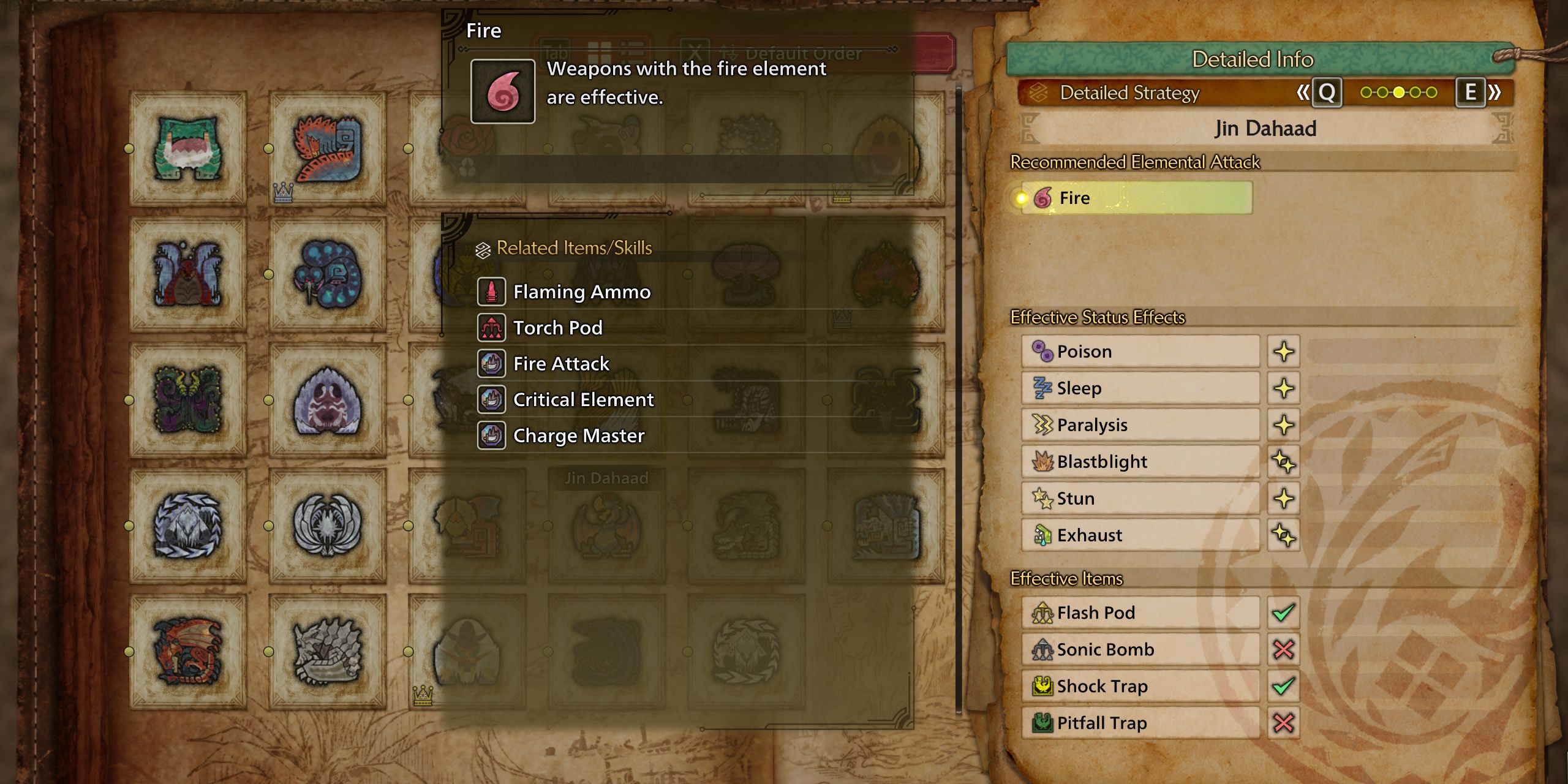 Player Guide showing Jin Dahaad's elemental weakness in Monster Hunter Wilds.