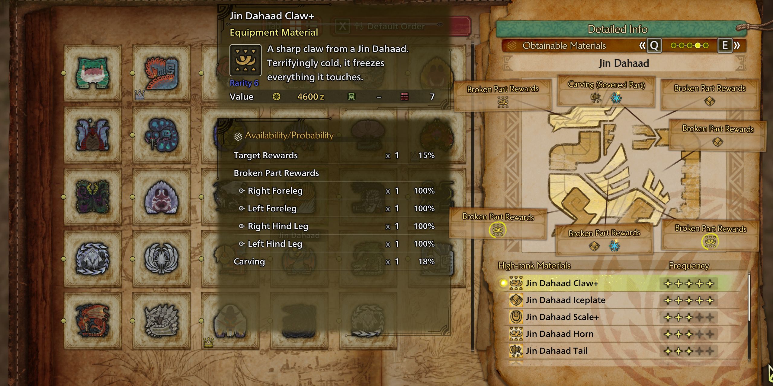 Player Guide showing Jin Dahaad's material drops in Monster Hunter Wilds.